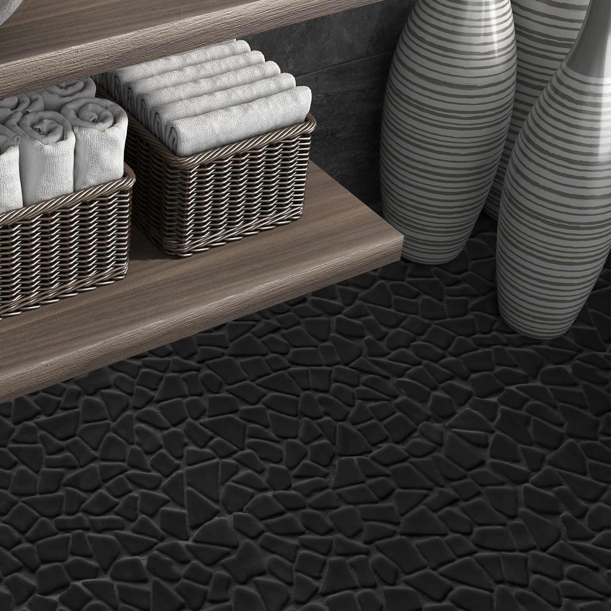Pebble Rock Black Recycled Glass Floor and Wall Mosaic Tile