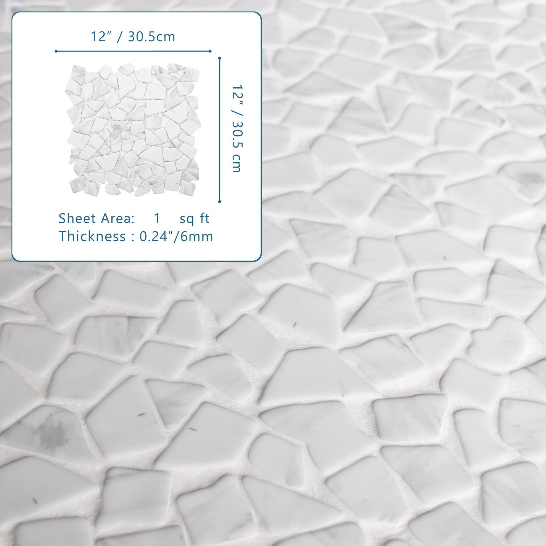 Pebble Rock Carrara White 12"x12" Recycled Glass Floor and Wall Mosaic Tile