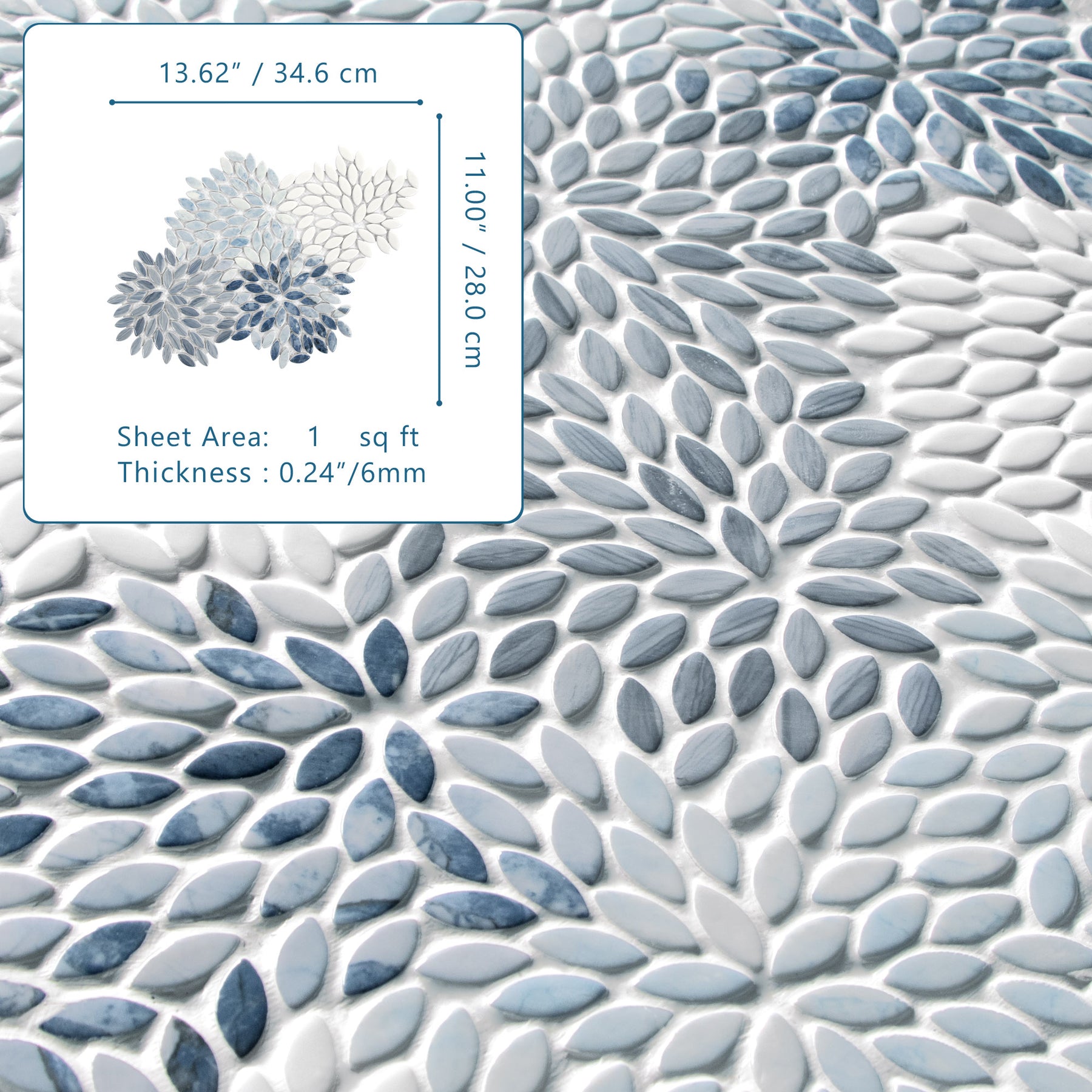 Flower Blue Mixed Recycled Glass Floor And Wall Mosaic Tile