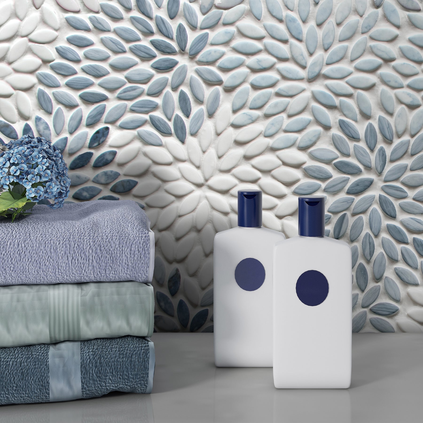 Flower Blue Mixed Recycled Glass Floor And Wall Mosaic Tile