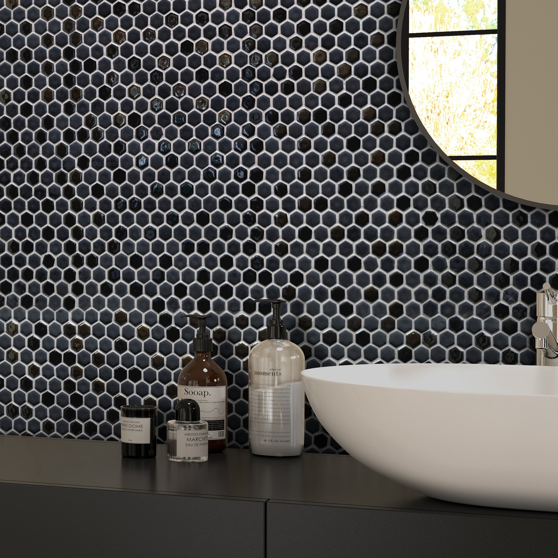 Black Iridescent Hexagon Recycled Glass Floor And Wall Mosaic Tile