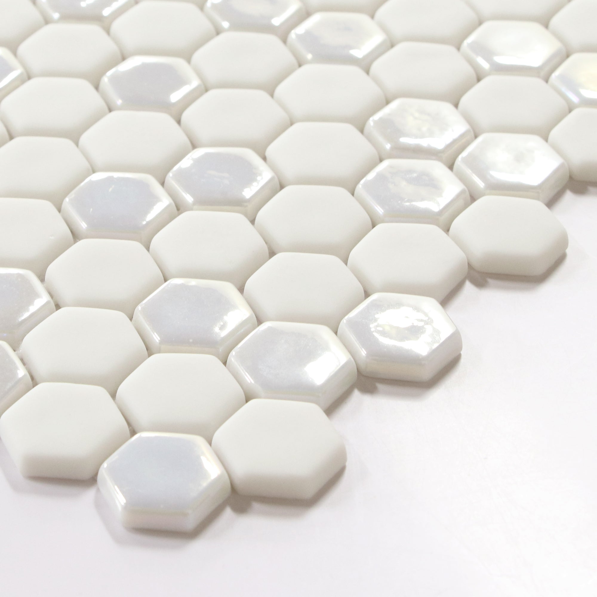 White Iridescent Hexagon Recycled Glass Floor and Wall Mosaic Tile