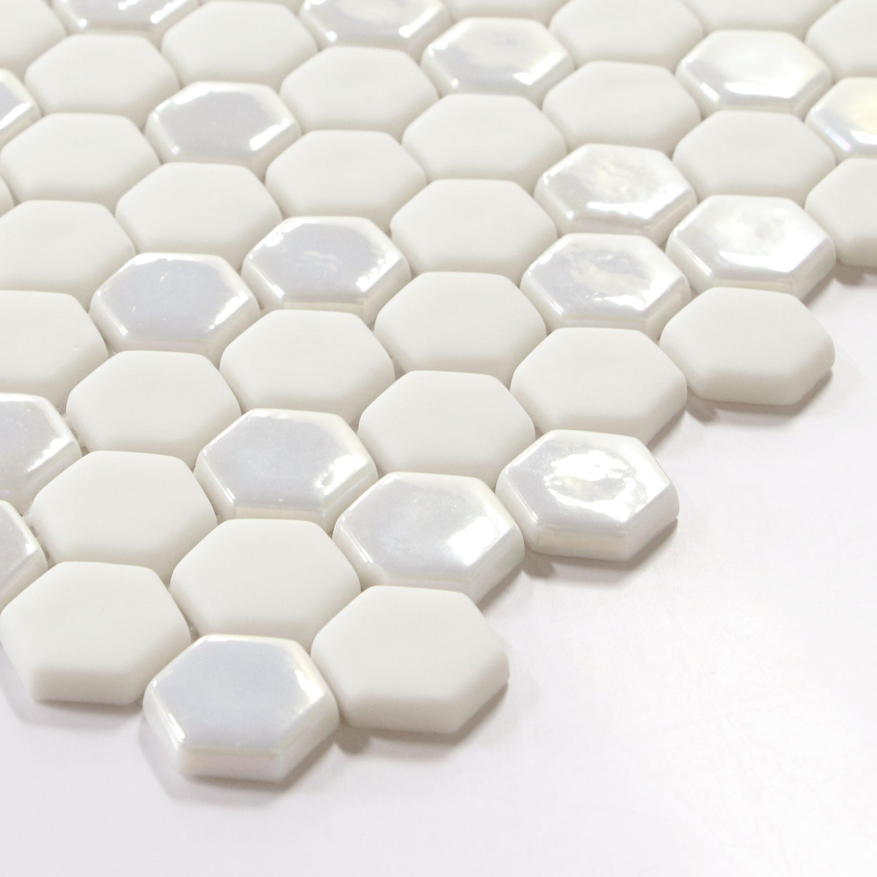 White Iridescent Hexagon Recycled Glass Floor And Wall Mosaic Tile