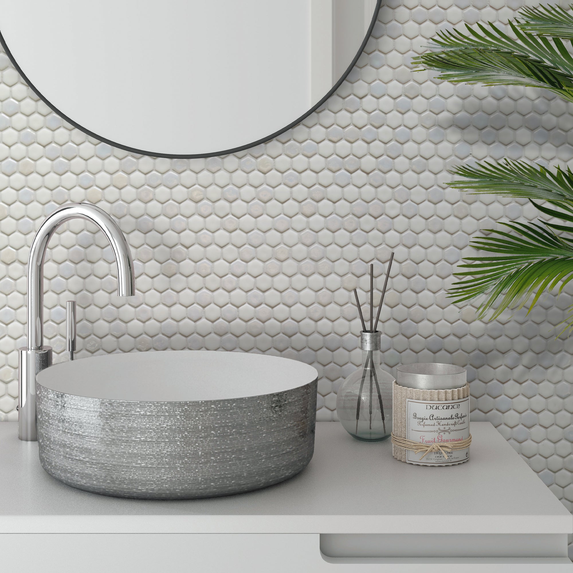 White Iridescent Hexagon Recycled Glass Floor and Wall Mosaic Tile