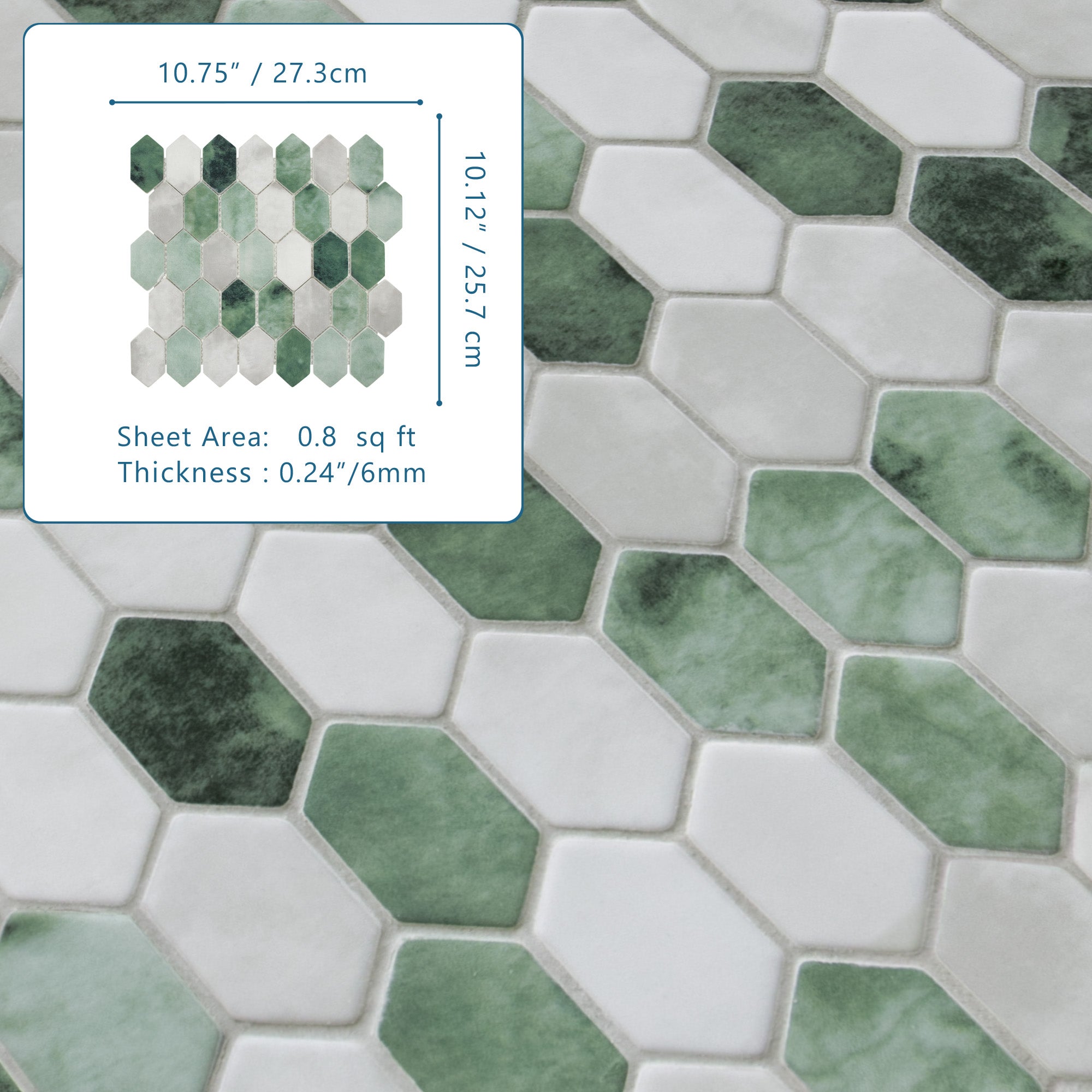 Picket Green Recycled Glass Floor and Wall Mosaic Tile