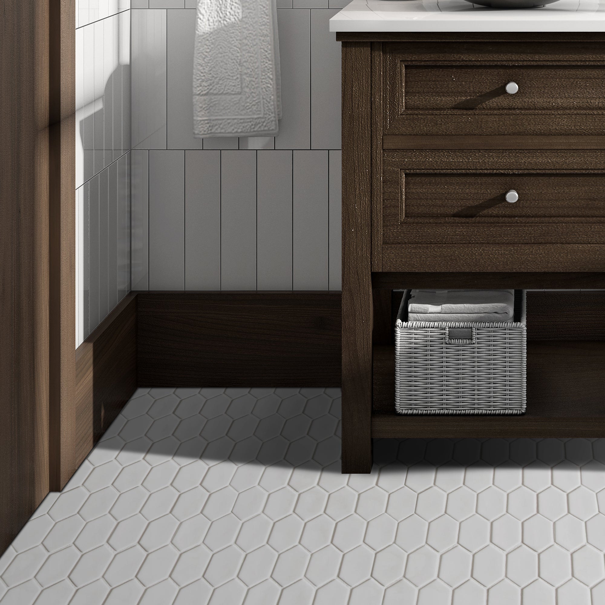 Picket White Recycled Glass Floor and Wall Mosaic Tile