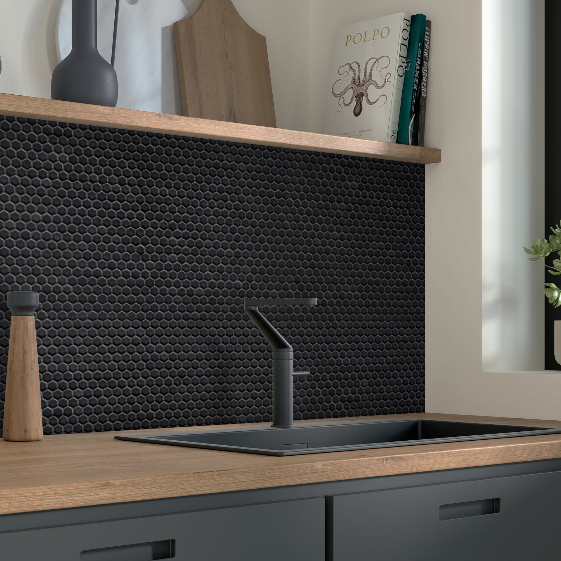 Hexagon Black Recycled Glass Floor And Wall Mosaic Tile
