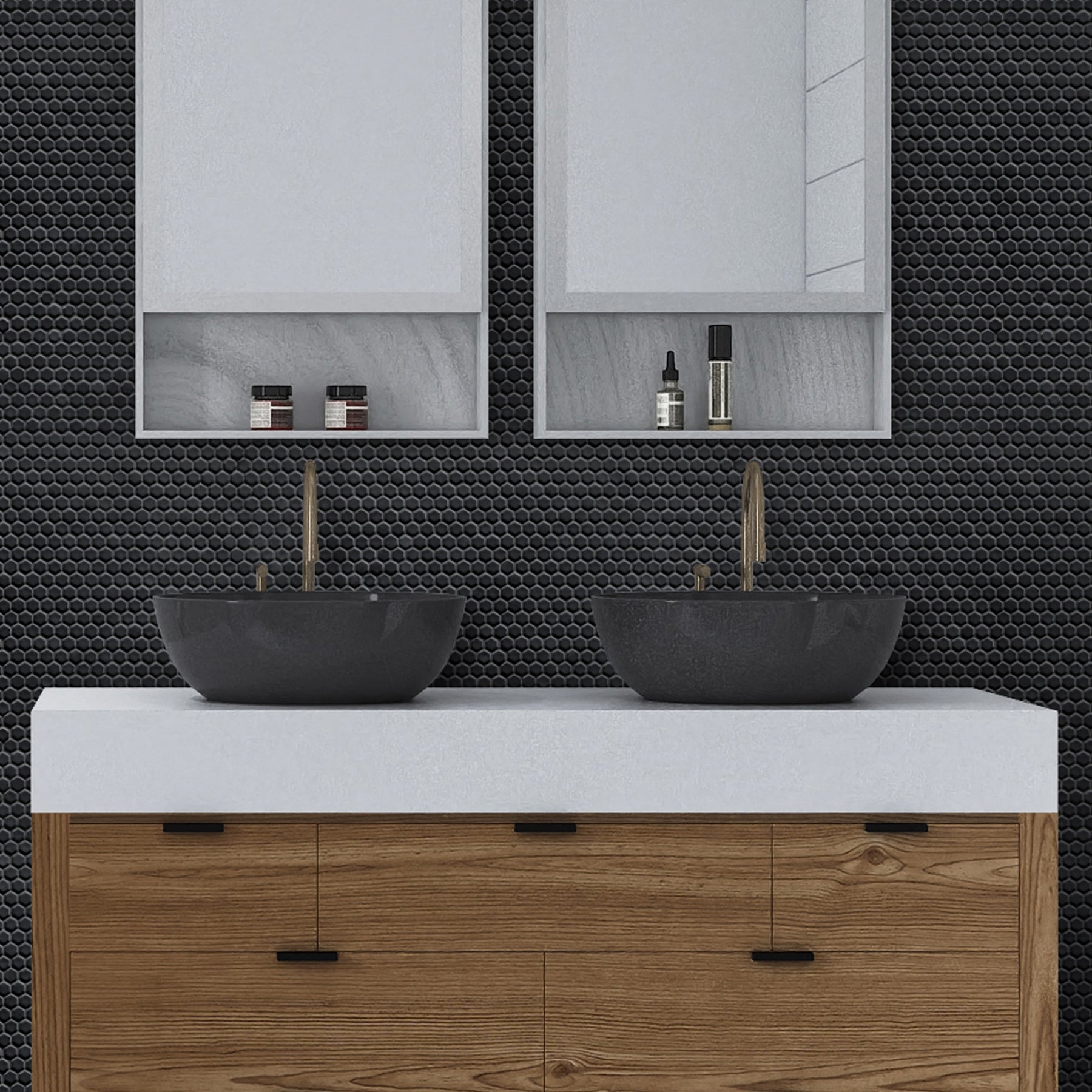 Hexagon Black Recycled Glass Floor And Wall Mosaic Tile