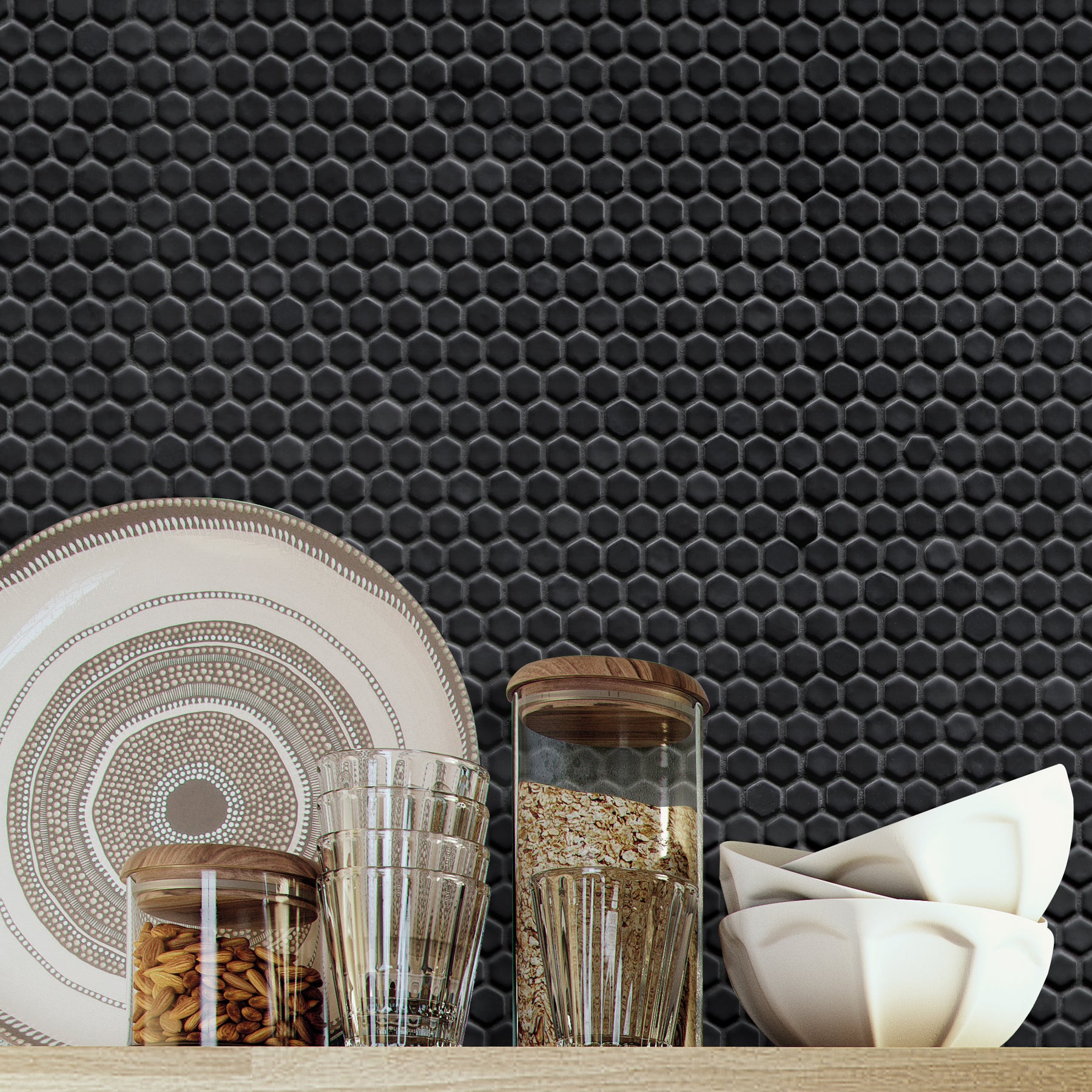Hexagon Black Recycled Glass Floor And Wall Mosaic Tile