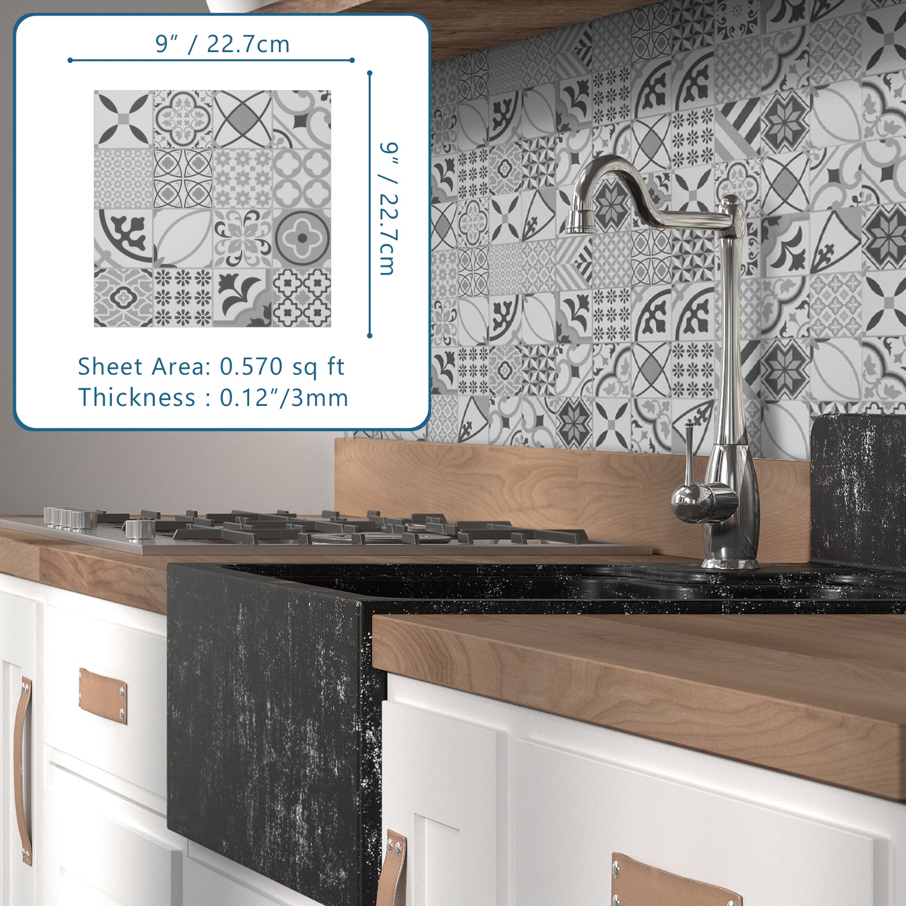 Patterned Black Peel And Stick Backsplash Square Wall Tile
