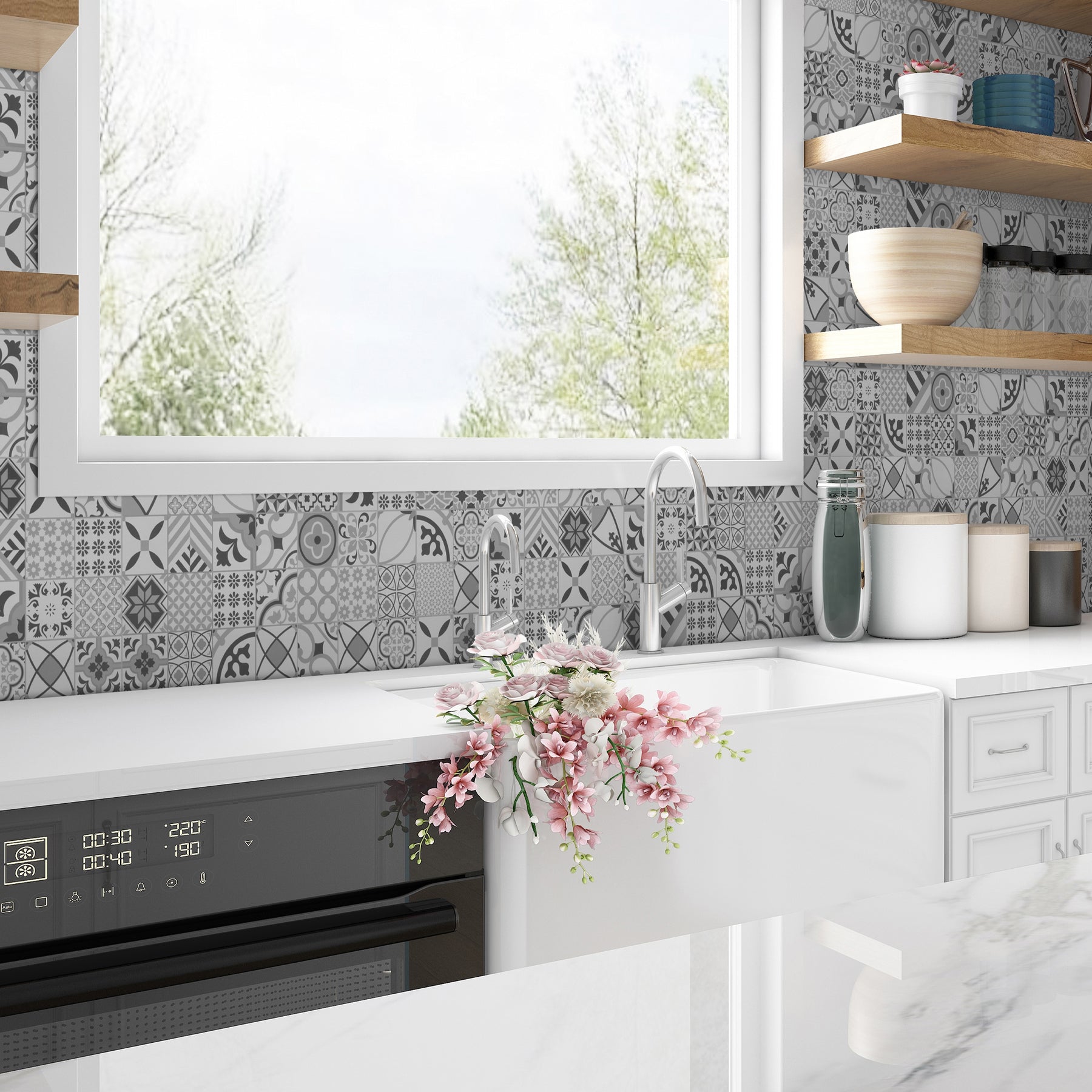 Patterned Black Peel And Stick Backsplash Square Wall Tile