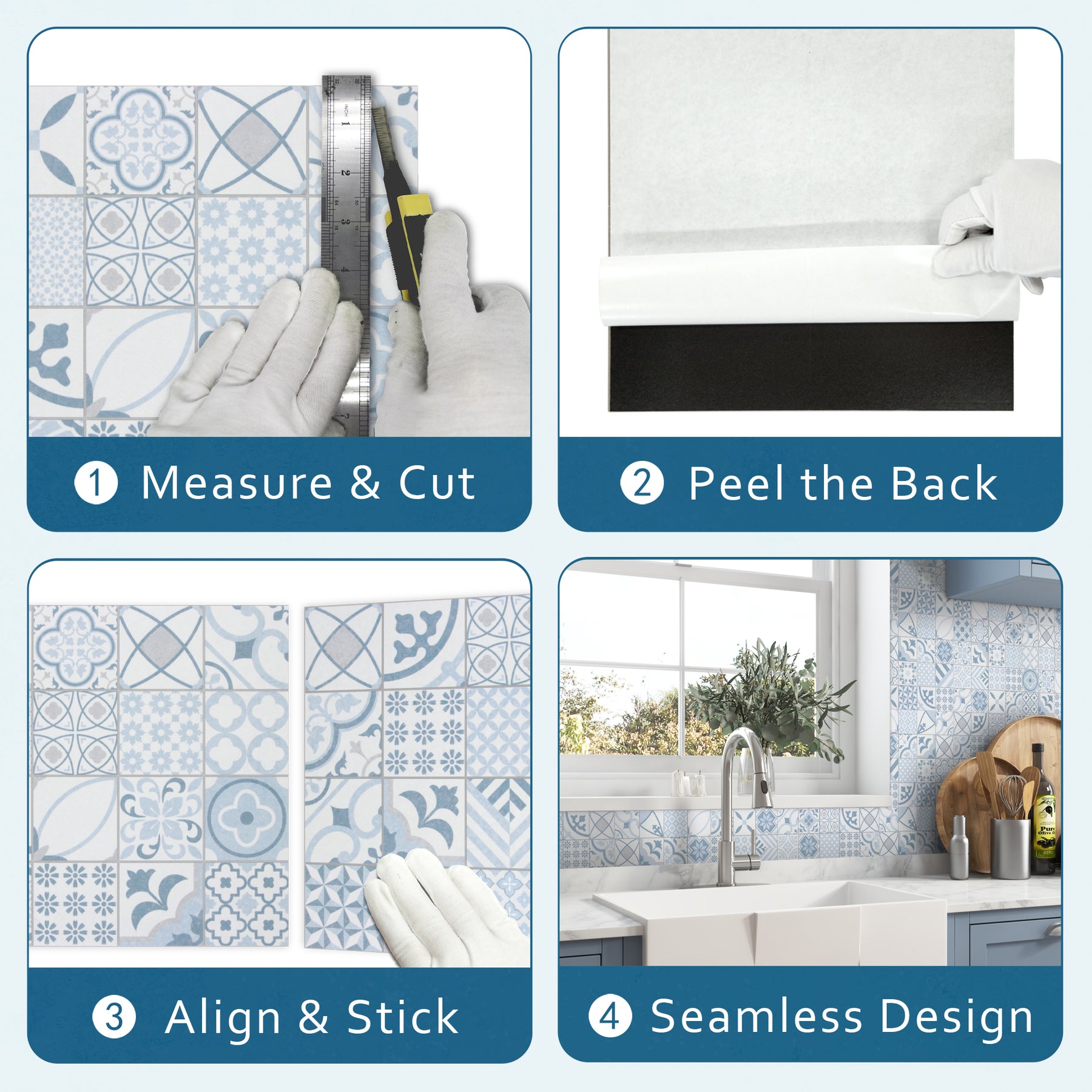 Patterned Blue Peel And Stick Backsplash Square Wall Tile