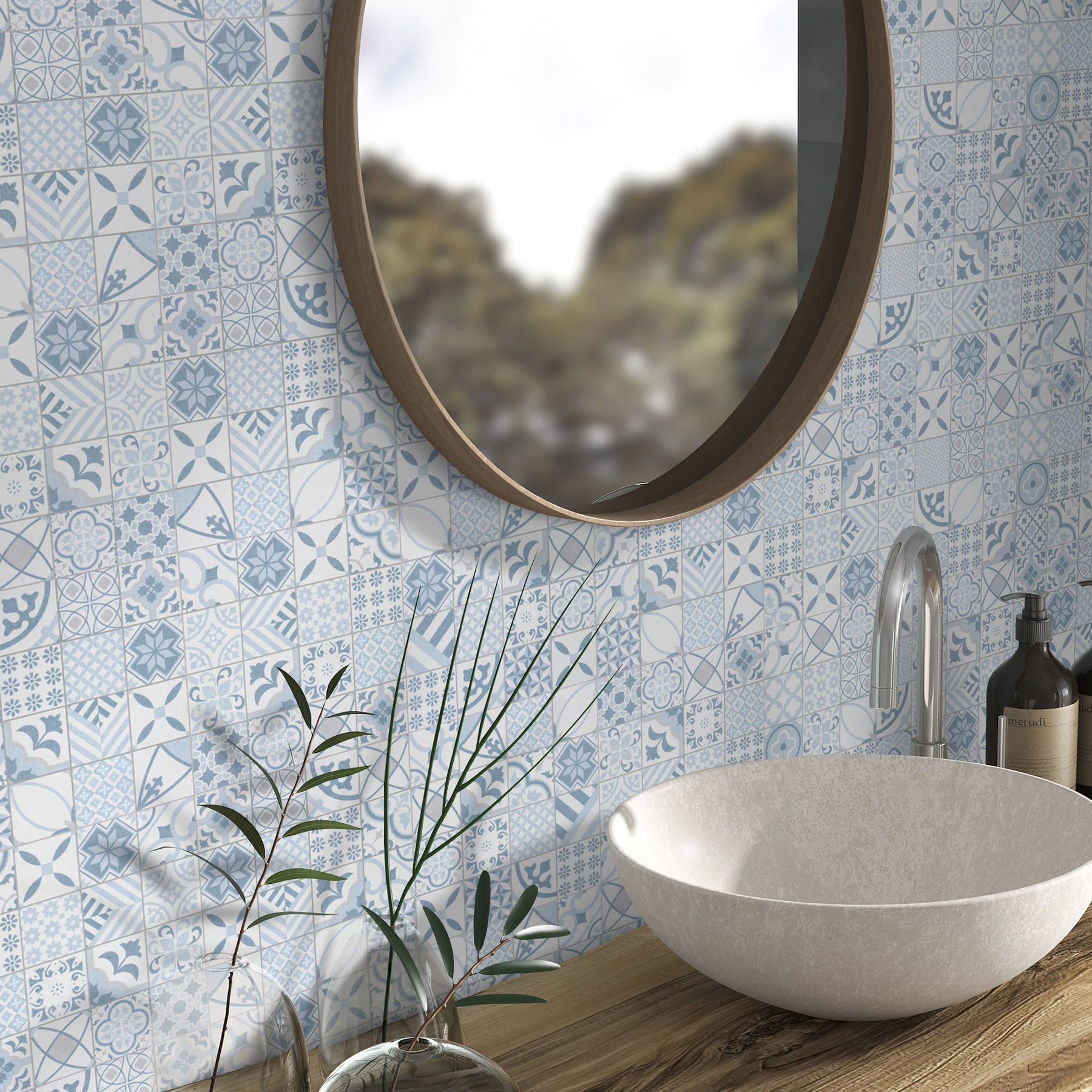 Patterned Blue Peel And Stick Backsplash Square Wall Tile