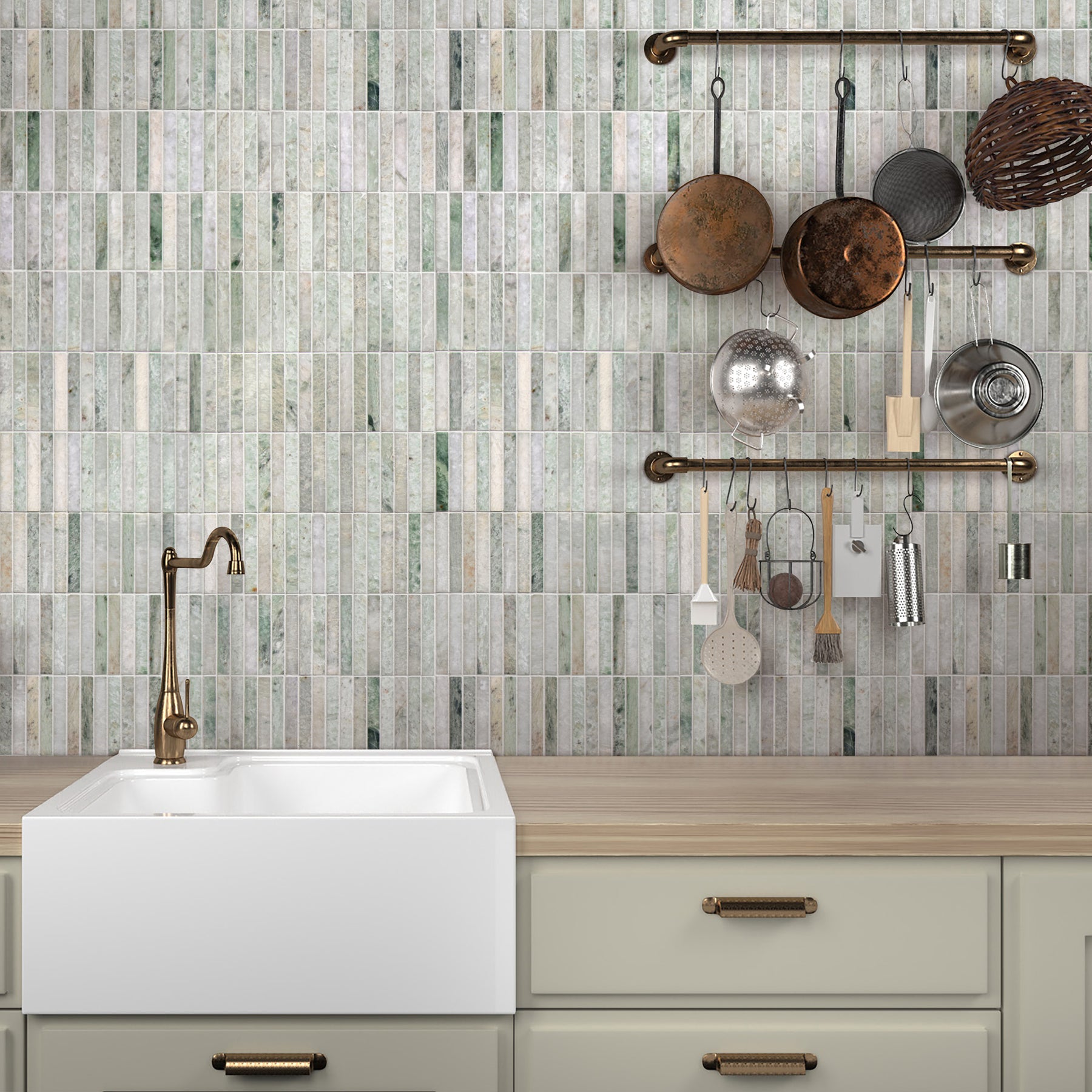 Stacked Green Natural Marble Floor And Wall Mosaic Tile