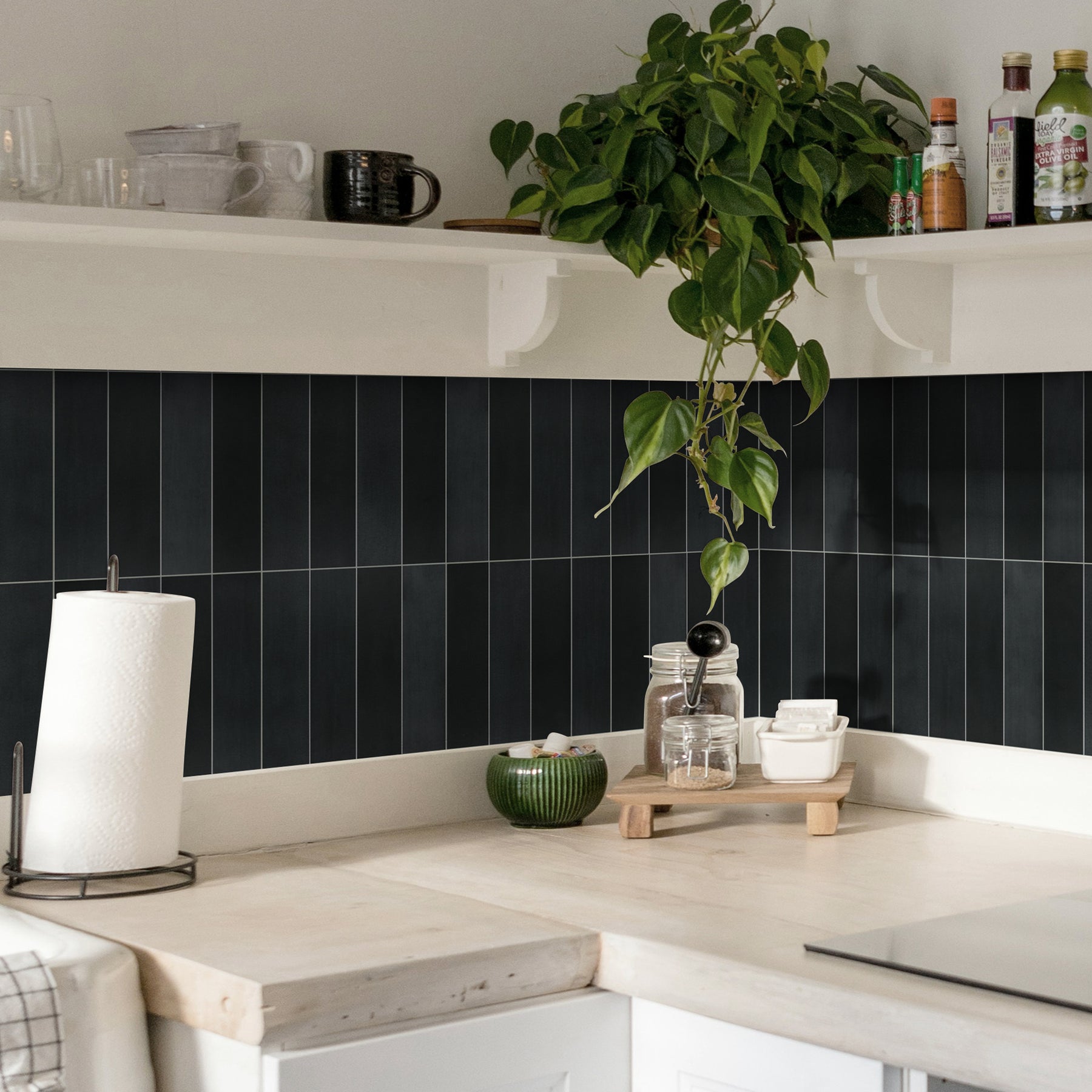 Black Stacked Peel and Stick Backsplash Tile