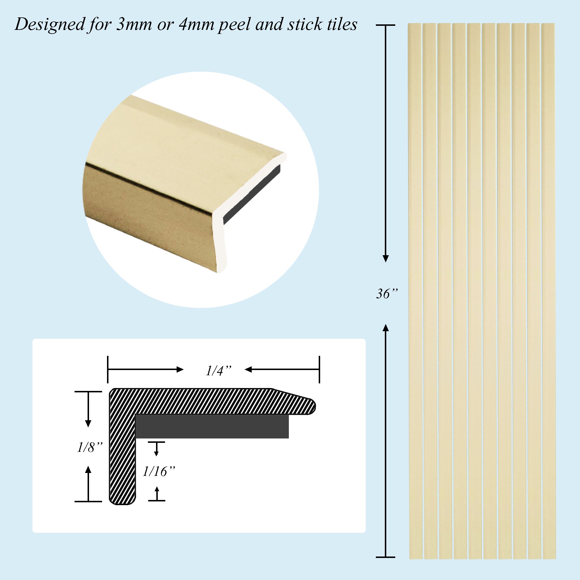 10 Pieces Aluminium Peel and Stick Backsplash Trim, 36Inch Shinny Gold