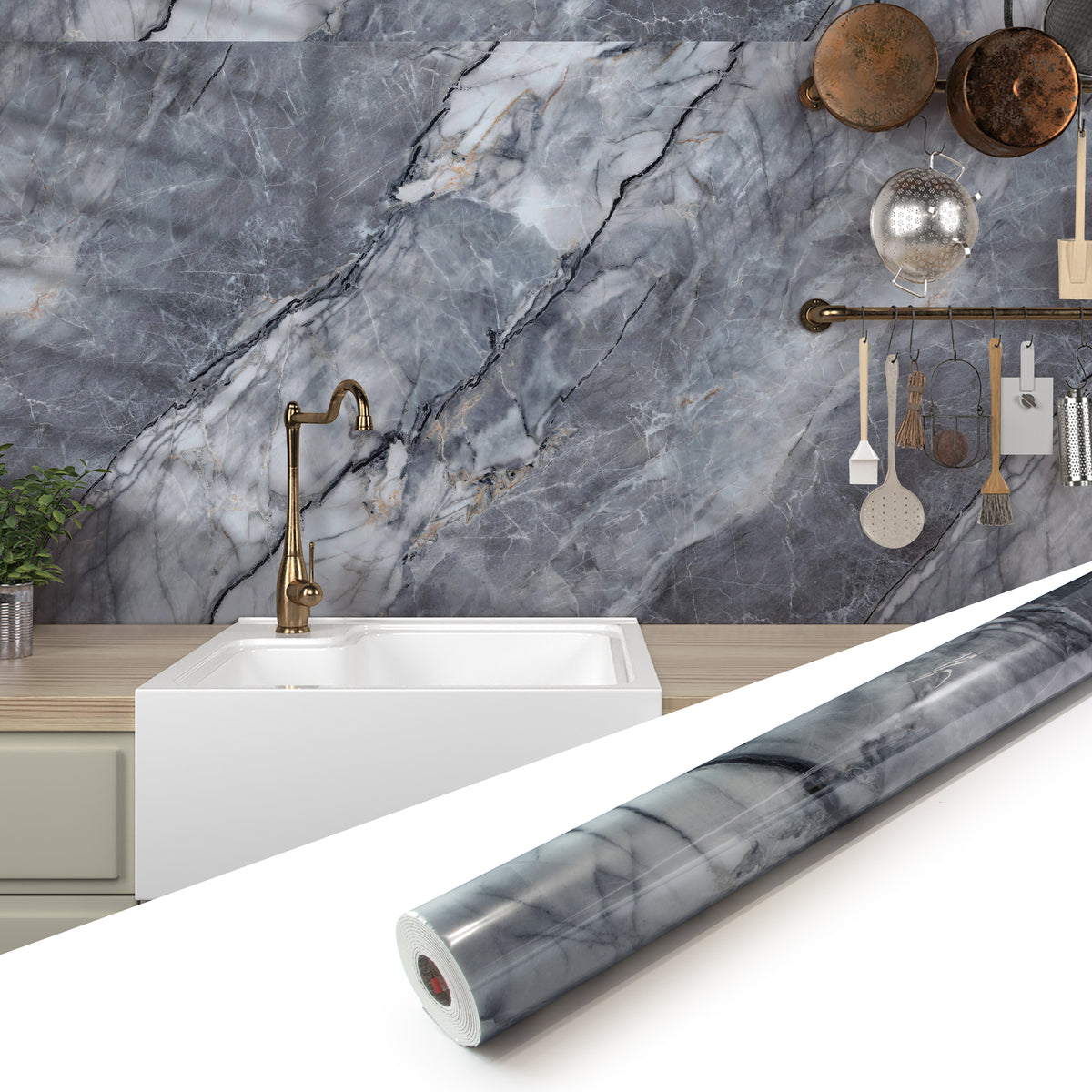 118" x 47" Pietra Grey Glossy Peel and Stick Wall Paneling Roll
