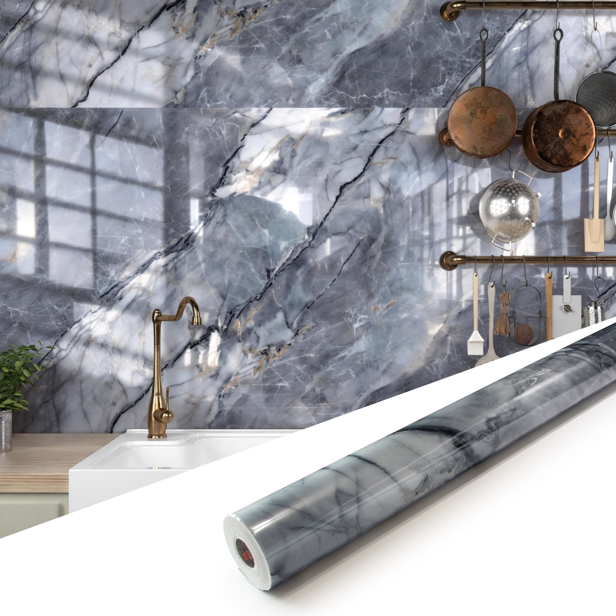 118" x 47" Pietra Grey Glossy Peel and Stick Wall Paneling Roll
