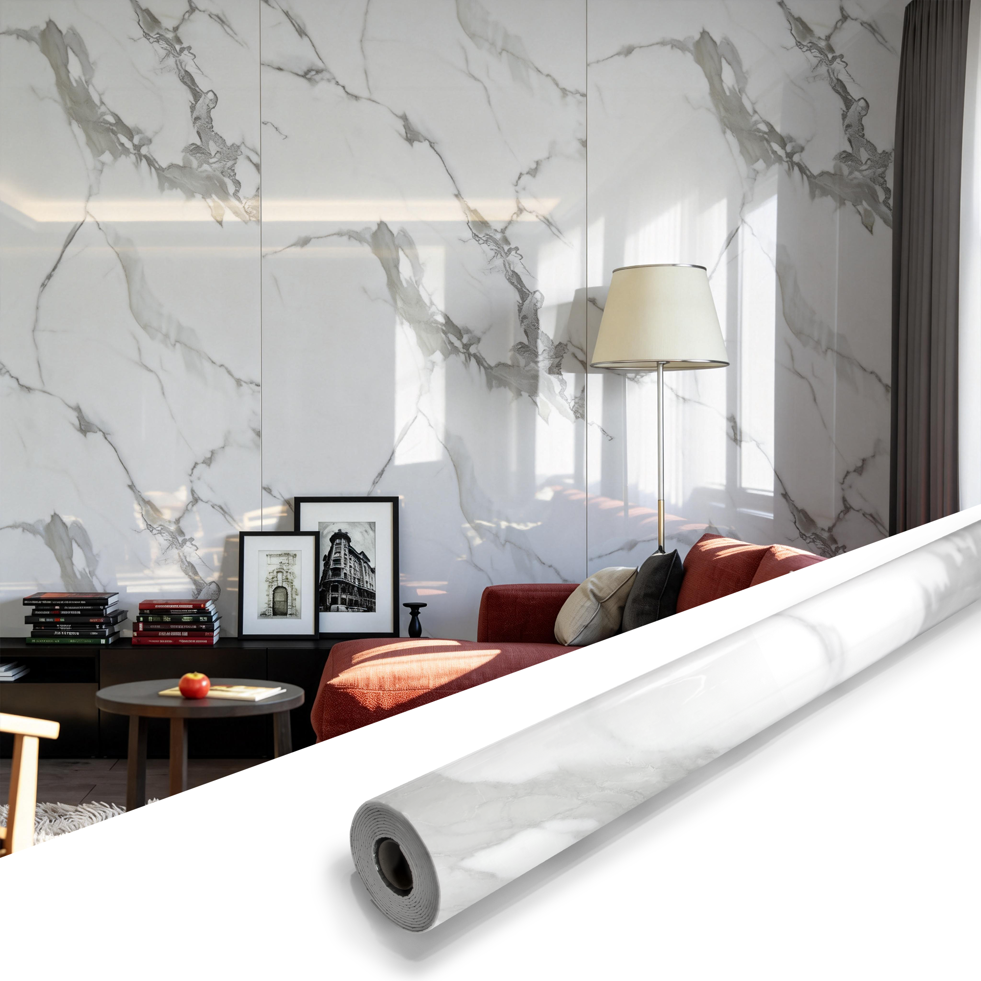 118" x 47" Carrara White Glossy Peel and Stick Wall Paneling Roll