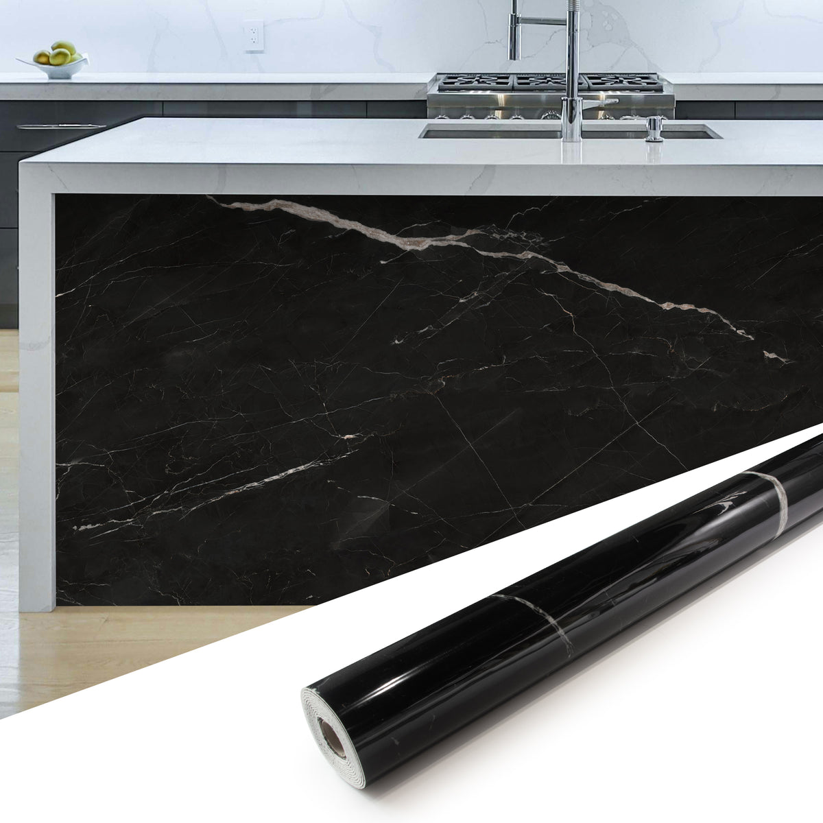 118" x 47" Black Marquina Glossy Peel and Stick Wall Paneling Roll