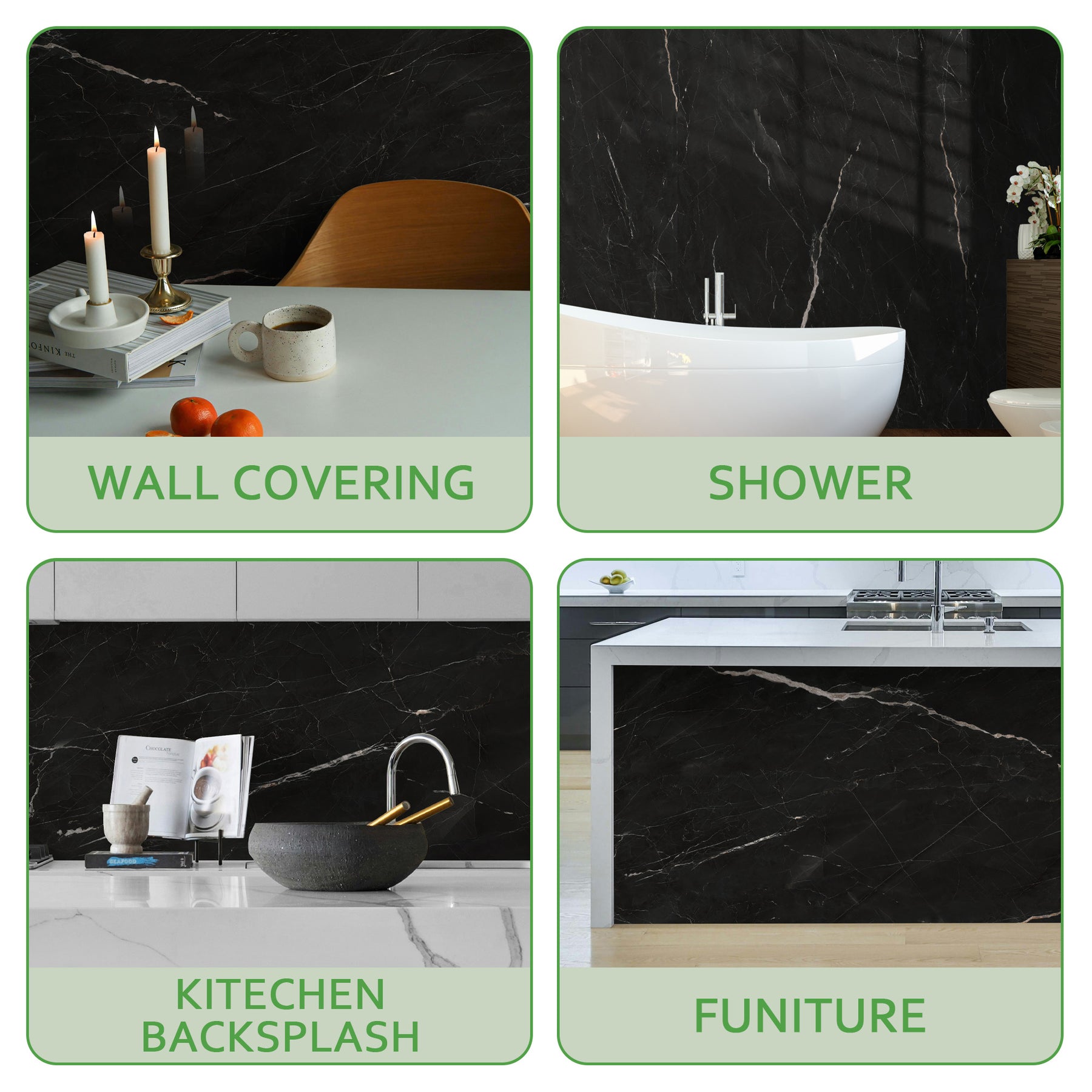 118" x 47" Black Marquina Glossy Peel and Stick Wall Paneling Roll