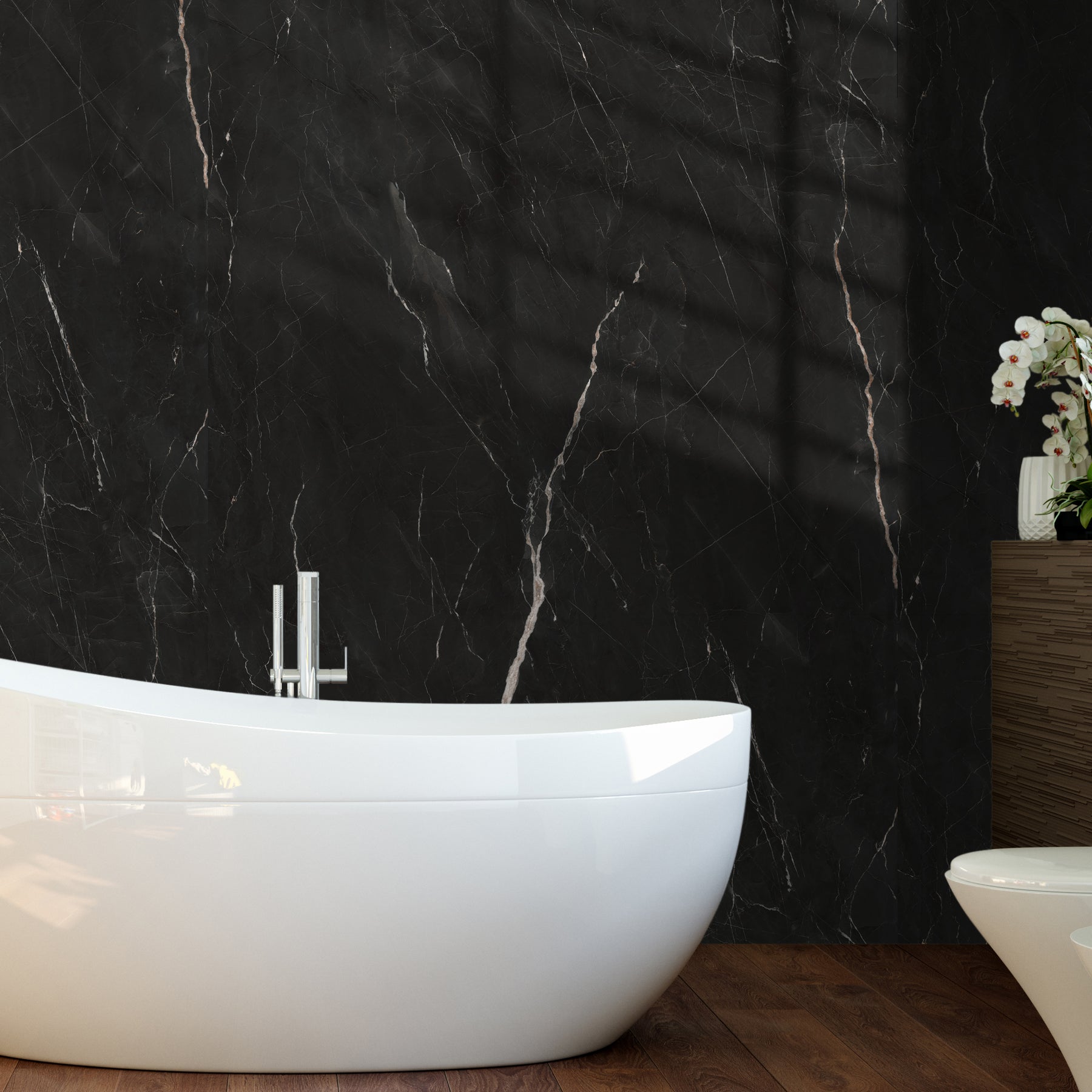 118" x 47" Black Marquina Glossy Peel and Stick Wall Paneling Roll