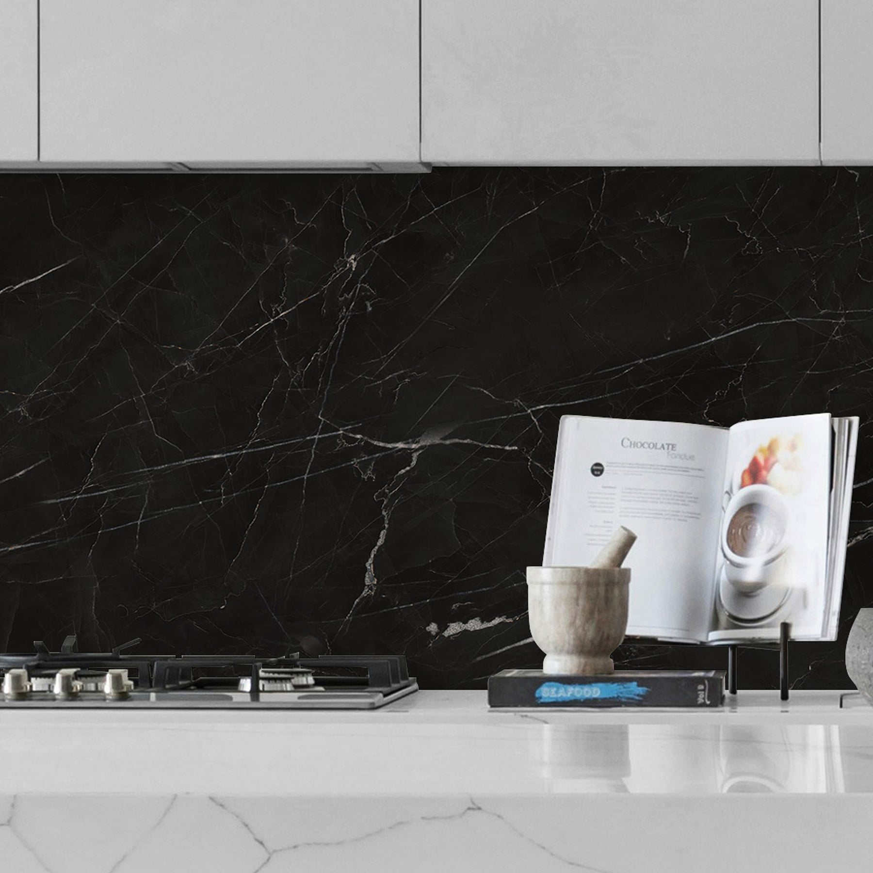 118" x 47" Black Marquina Glossy Peel and Stick Wall Paneling Roll