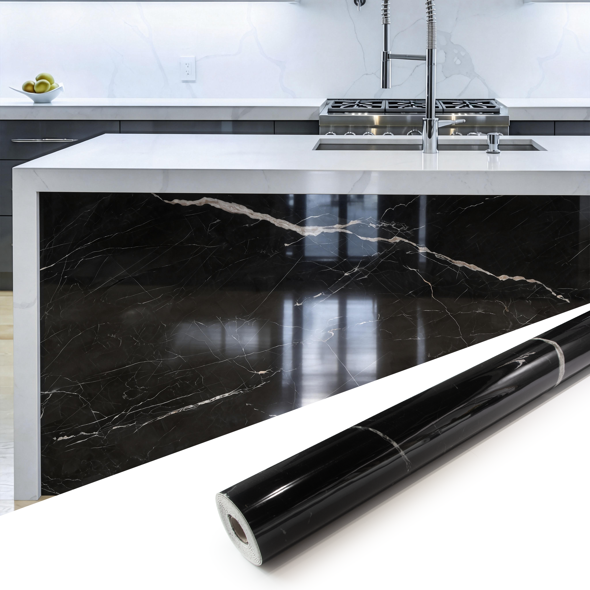 118" x 47" Black Marquina Glossy Peel and Stick Wall Paneling Roll