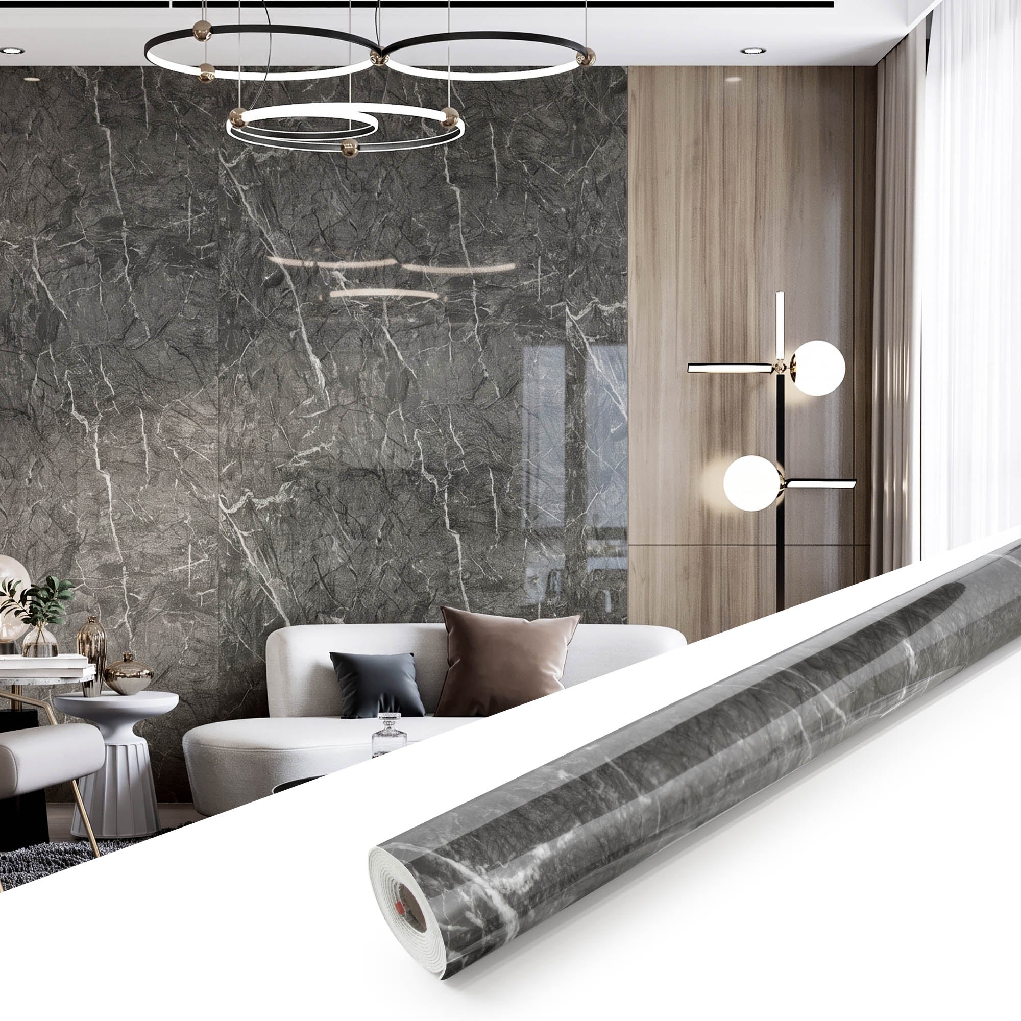 Glossy Bardiglio Grey Peel and Stick Wall Paneling Roll