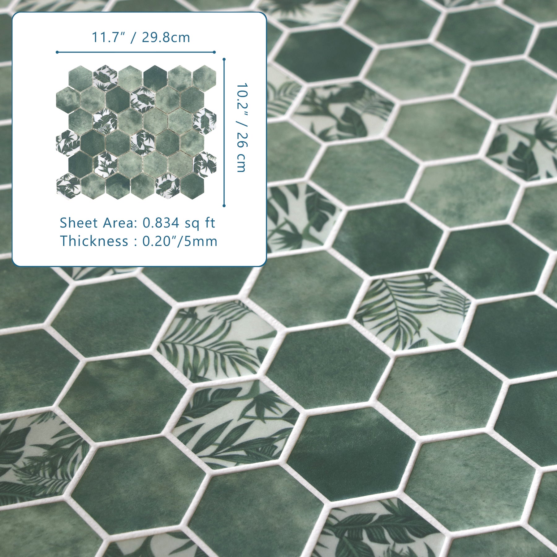 Cement Green 11.7" x 10.2" Hexagon Recycled Glass Floor And Wall Mosaic Tile