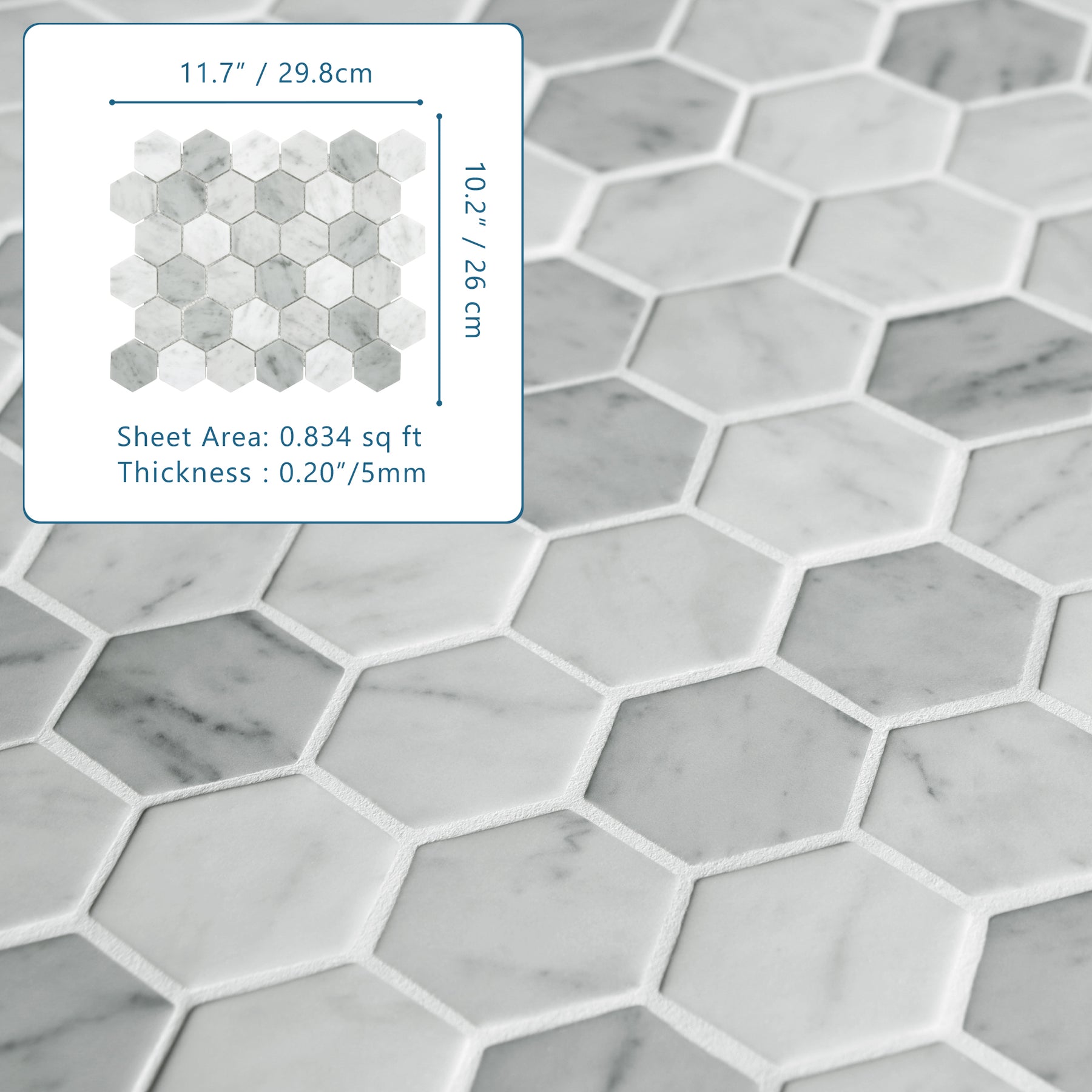 White Carrara 11.7" x 10.2" Hexagon Recycled Glass Floor And Wall Mosaic Tile