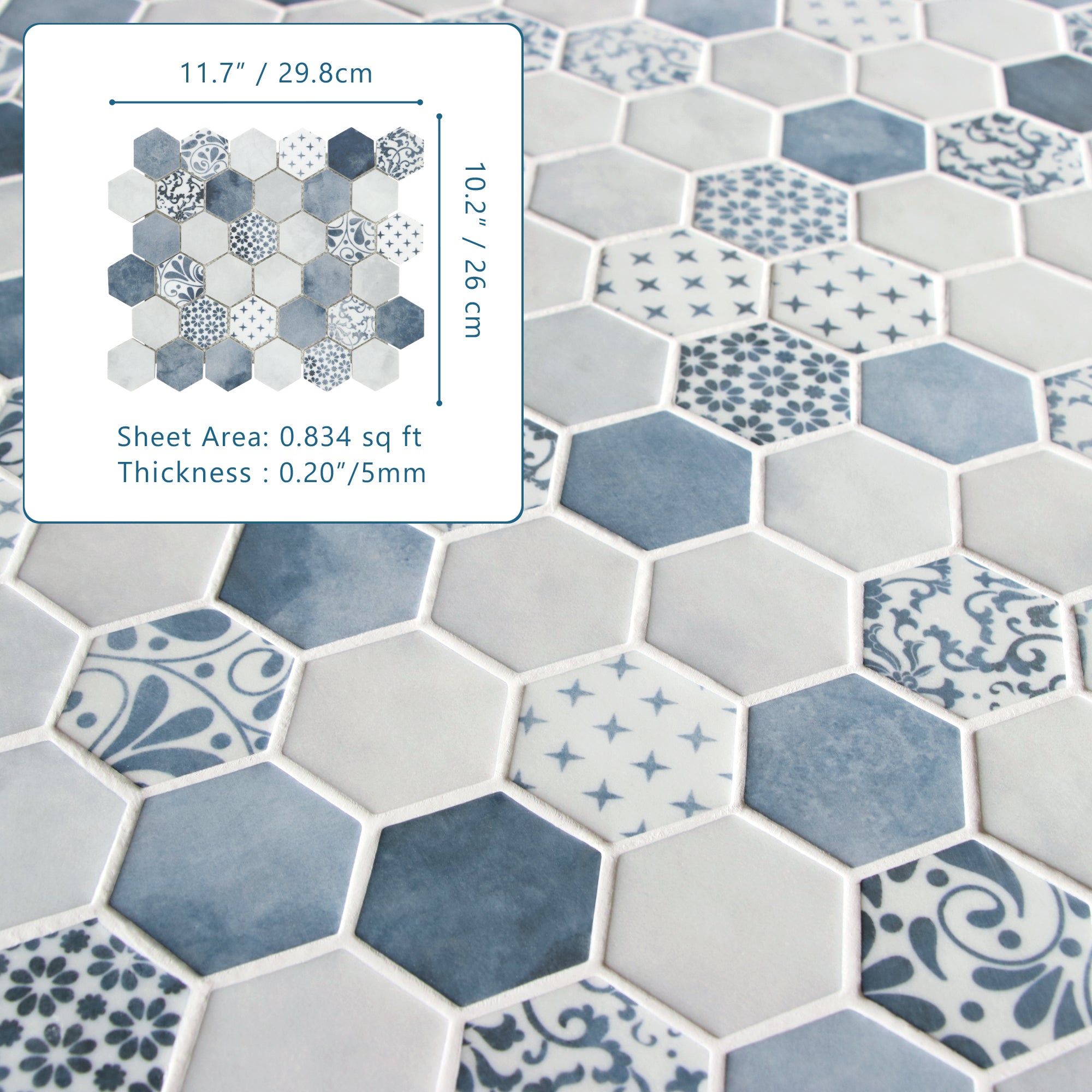 Cement Blue Hexagon Recycled Glass Floor and Wall Mosaic Tile