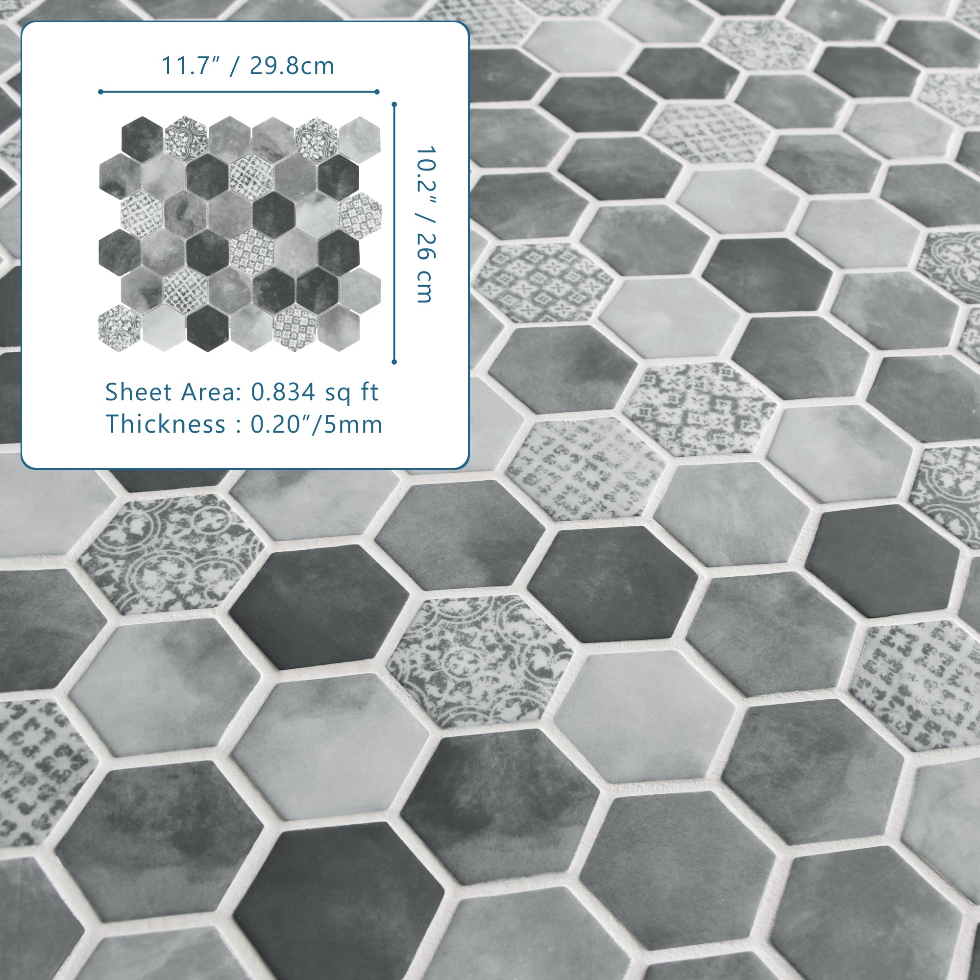 Cement Grey Hexagon Recycled Glass Floor and Wall Mosaic Tile
