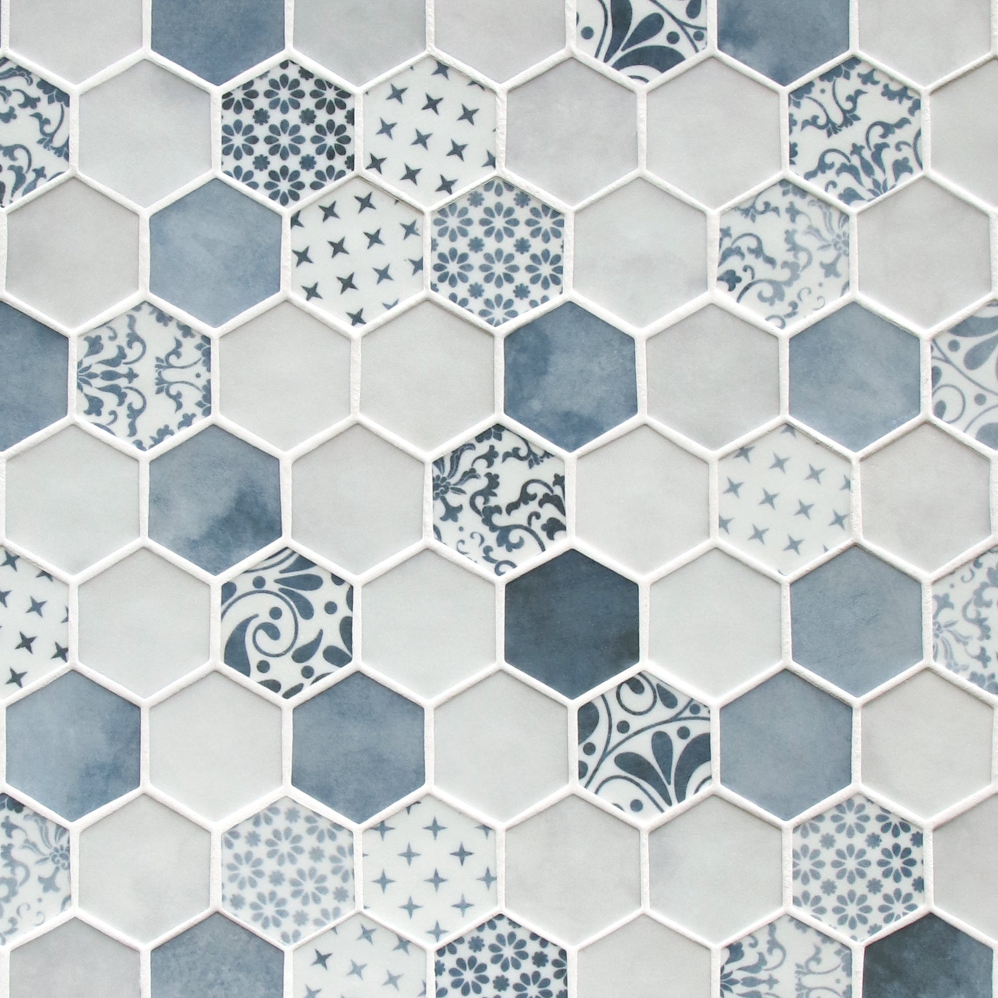 Cement Blue Hexagon Recycled Glass Floor and Wall Mosaic Tile