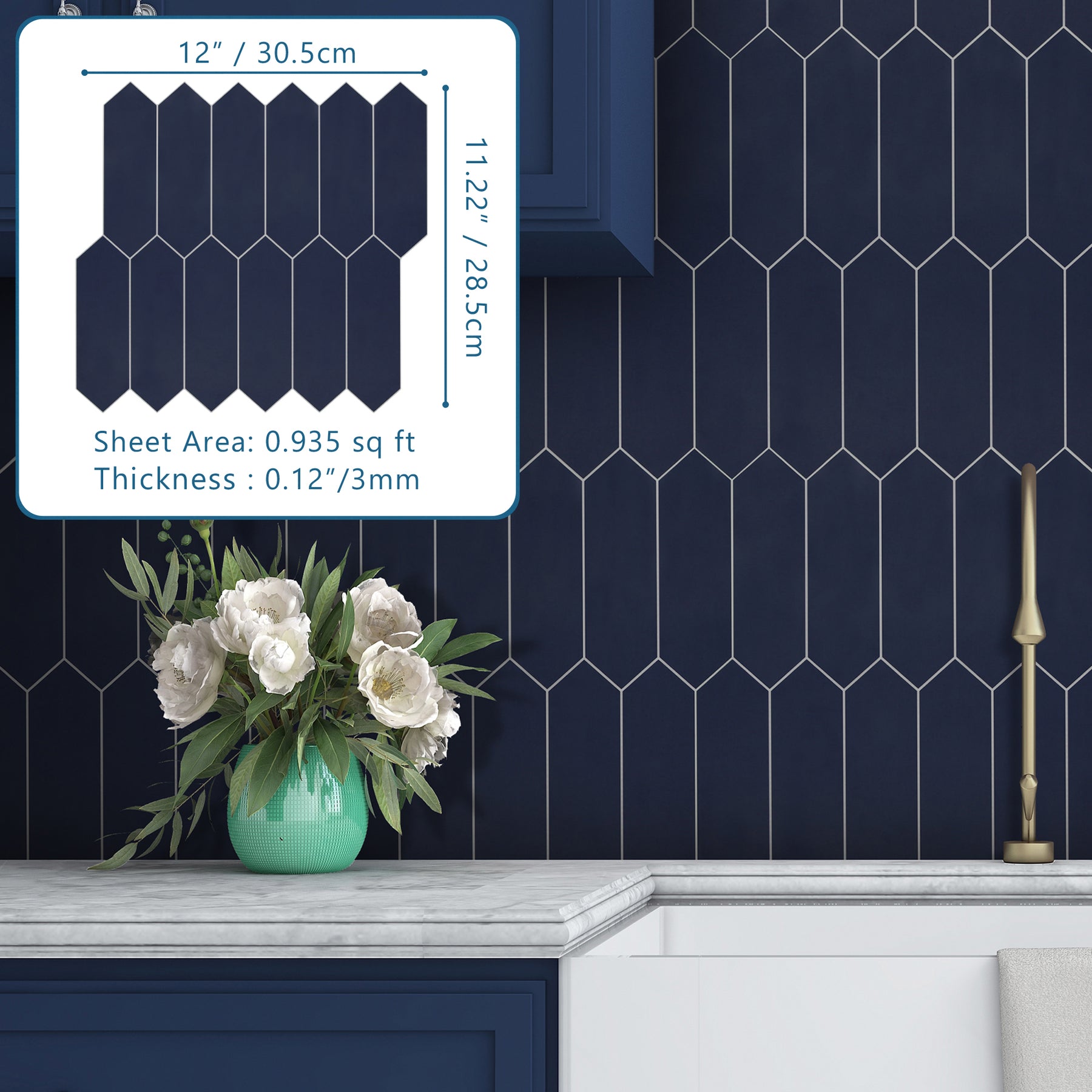 11.2" x 12" Navy Blue Long Hexagon Peel and Stick Backsplash Tile