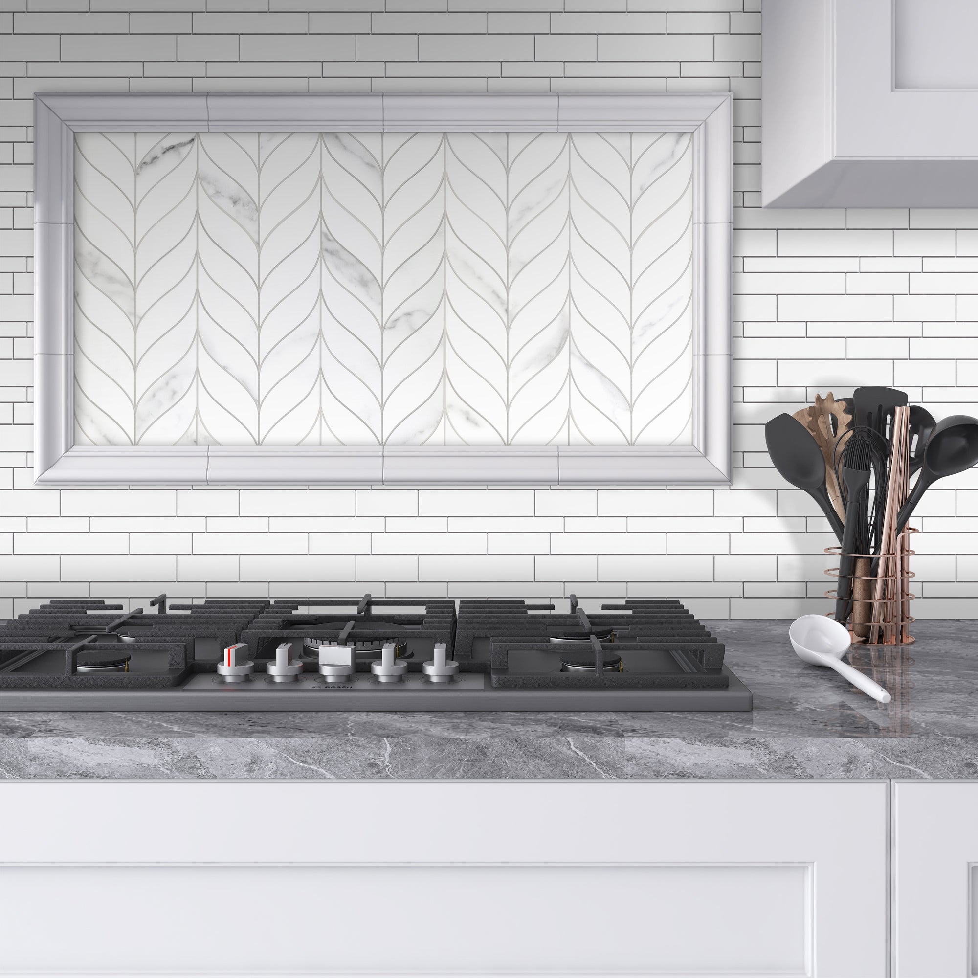 Waterjet Leaf White Peel and Stick Tile