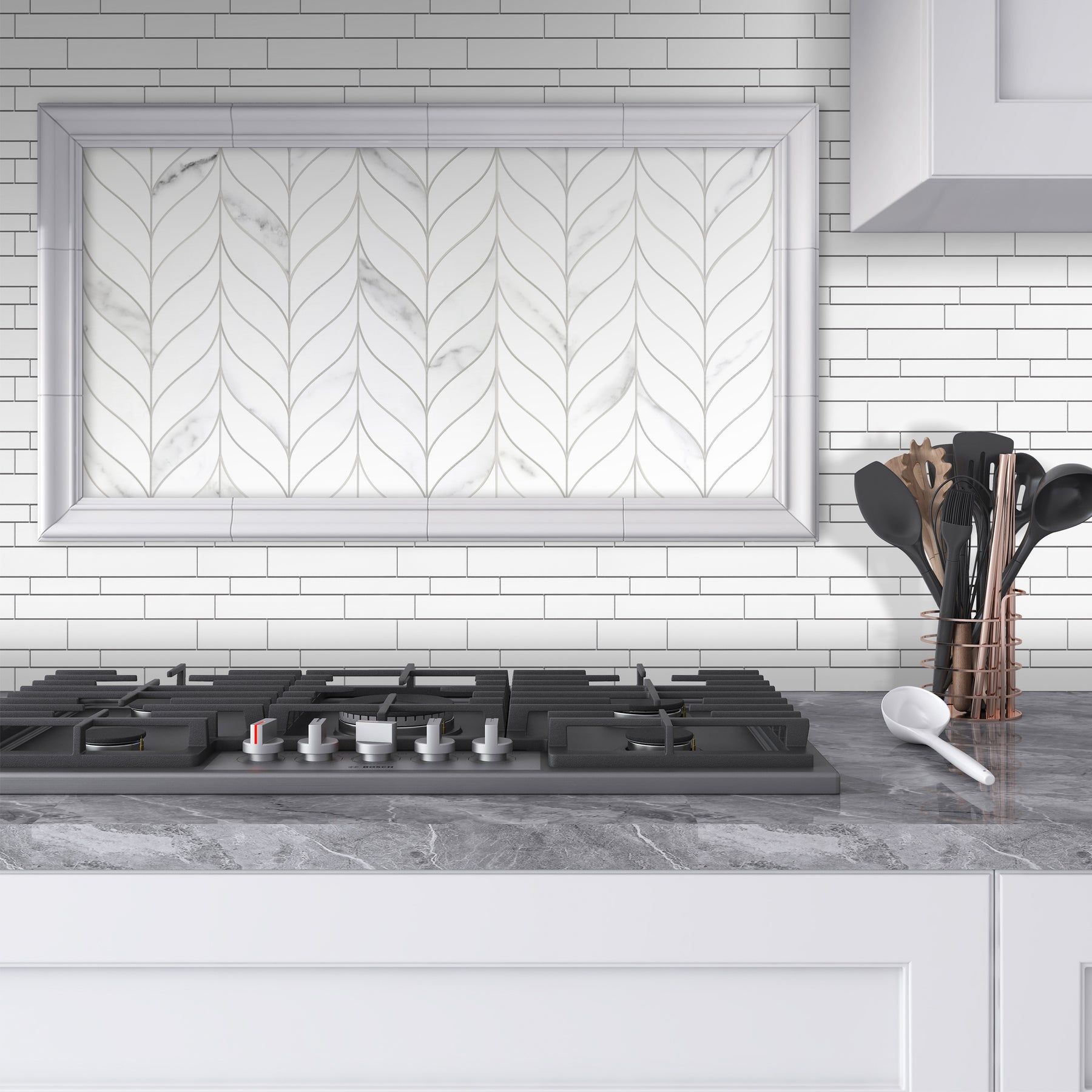 Waterjet Leaf White Peel and Stick Tile