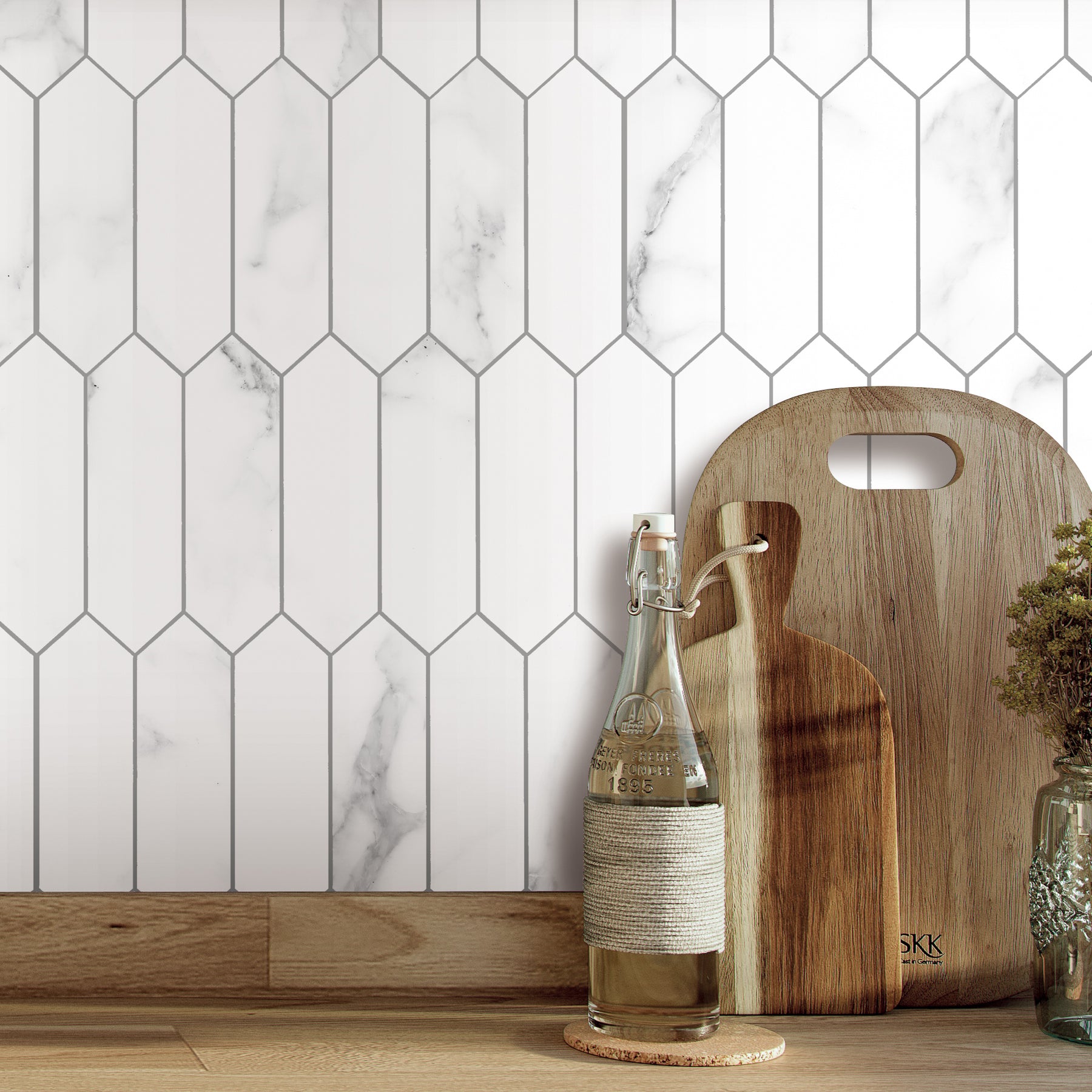 Picket Long Hexagon Carrara White Peel and Stick Tile