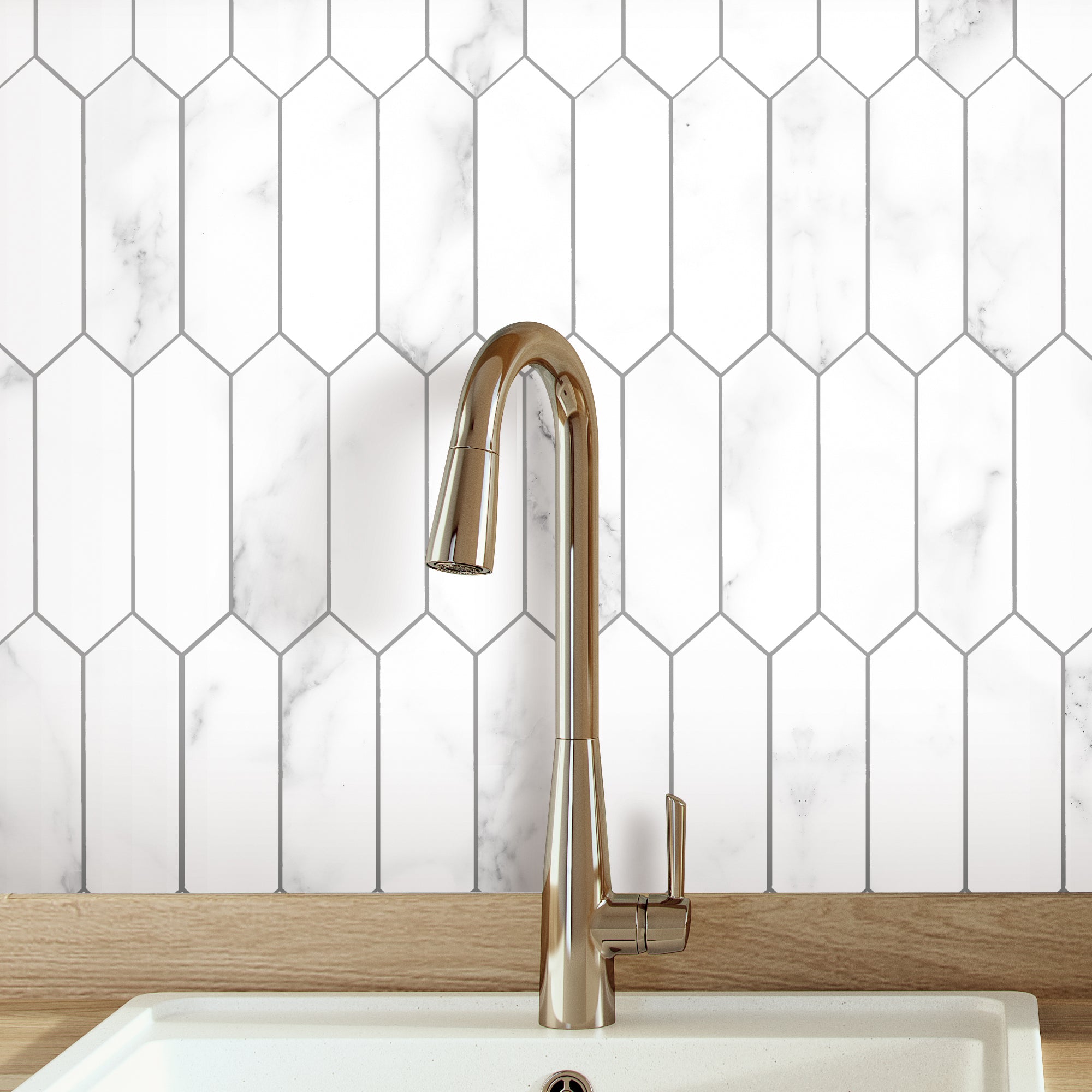 Carrara White Picket Long Hexagon Peel and Stick Tile