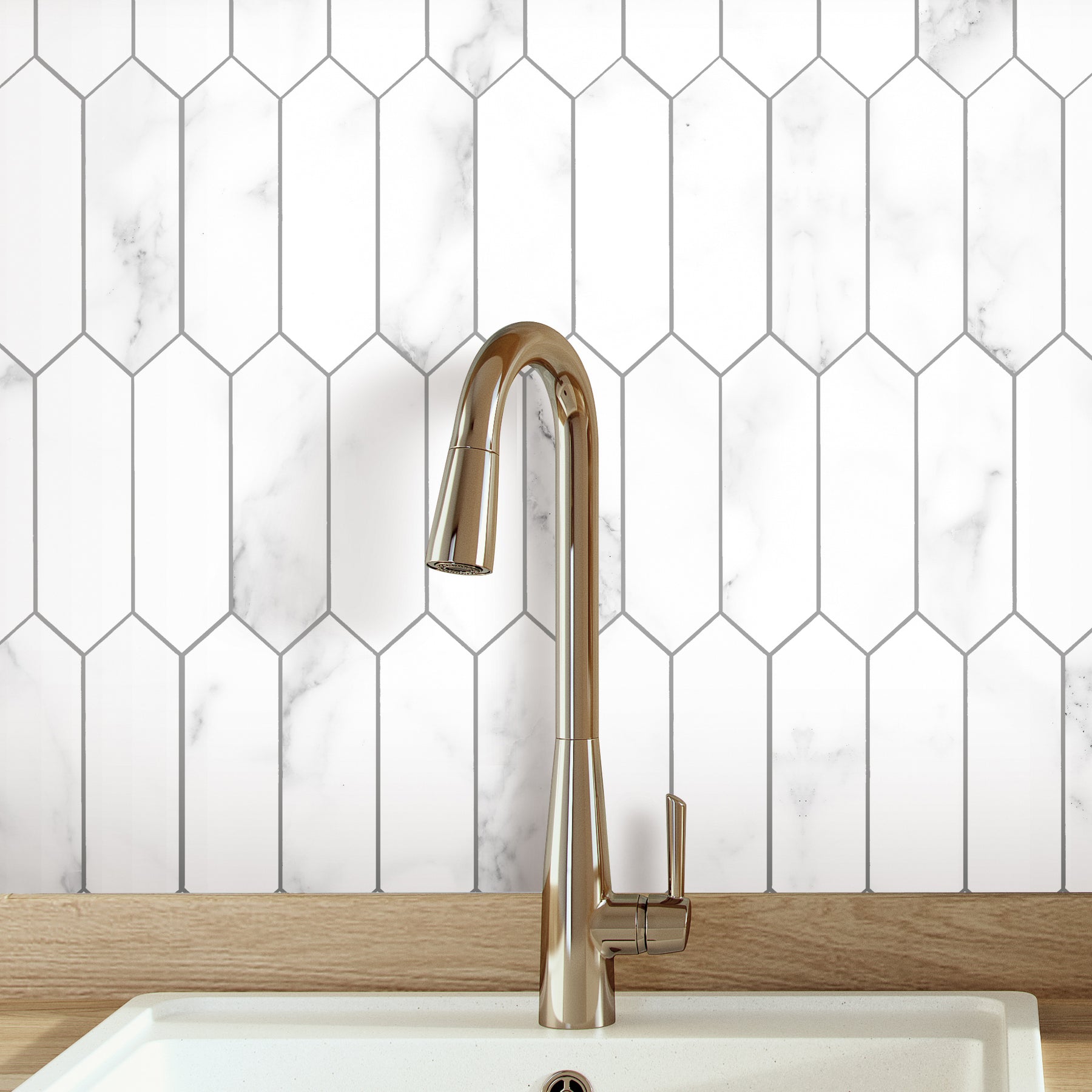 Picket Long Hexagon Carrara White Peel and Stick Tile