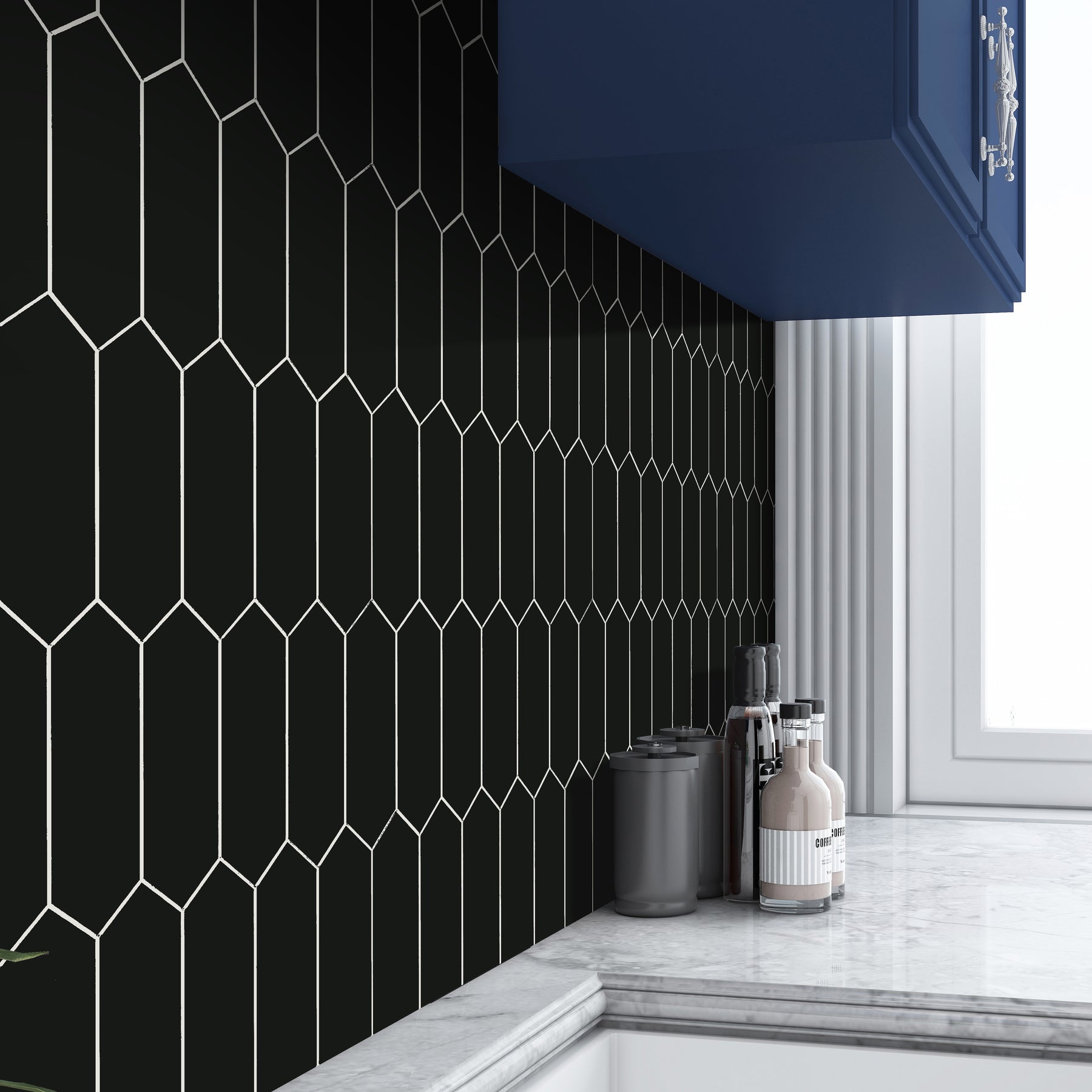 Picket Long Hexagon Black Peel and Stick Tile