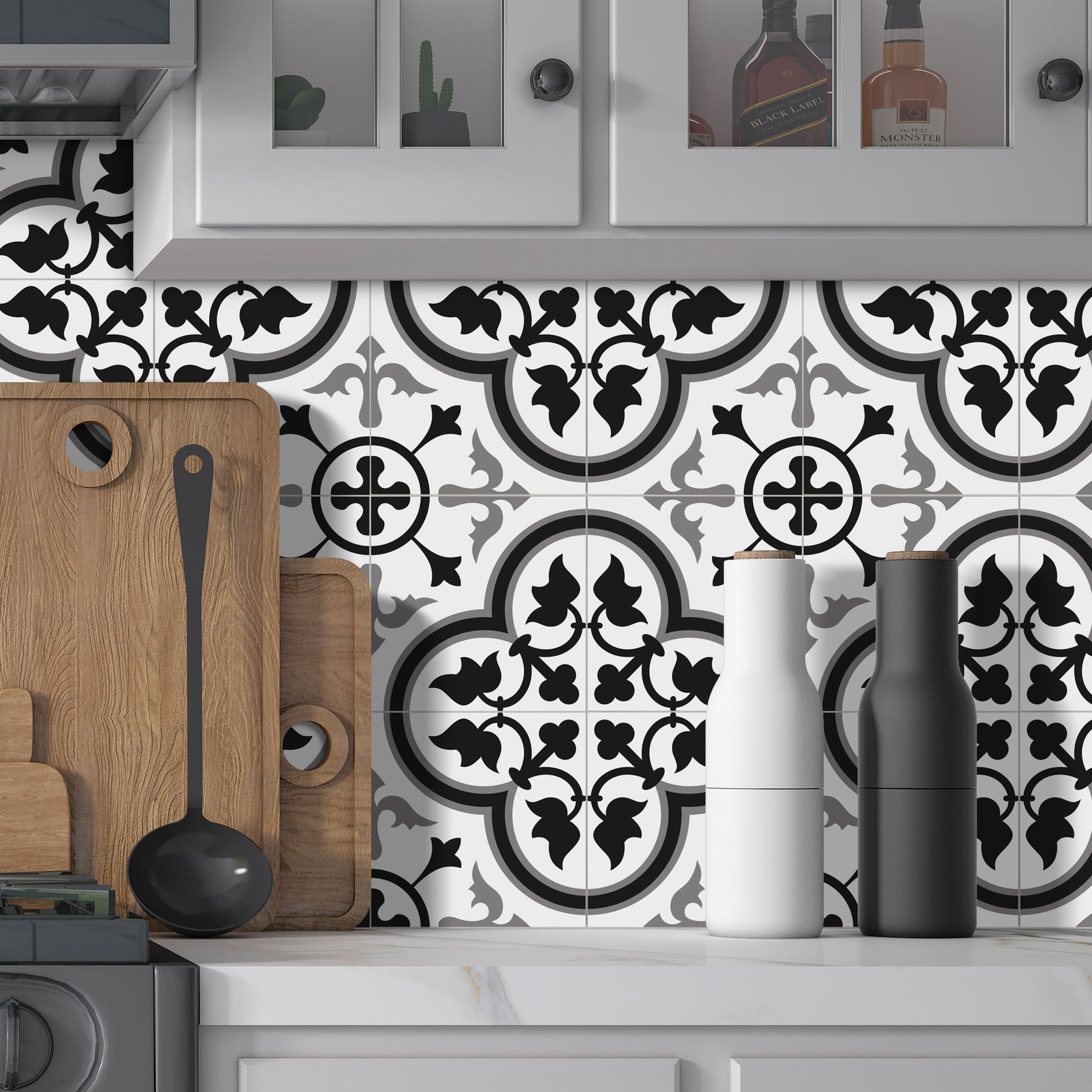 Encaustic Patterned White and Grey Peel and Stick Tile