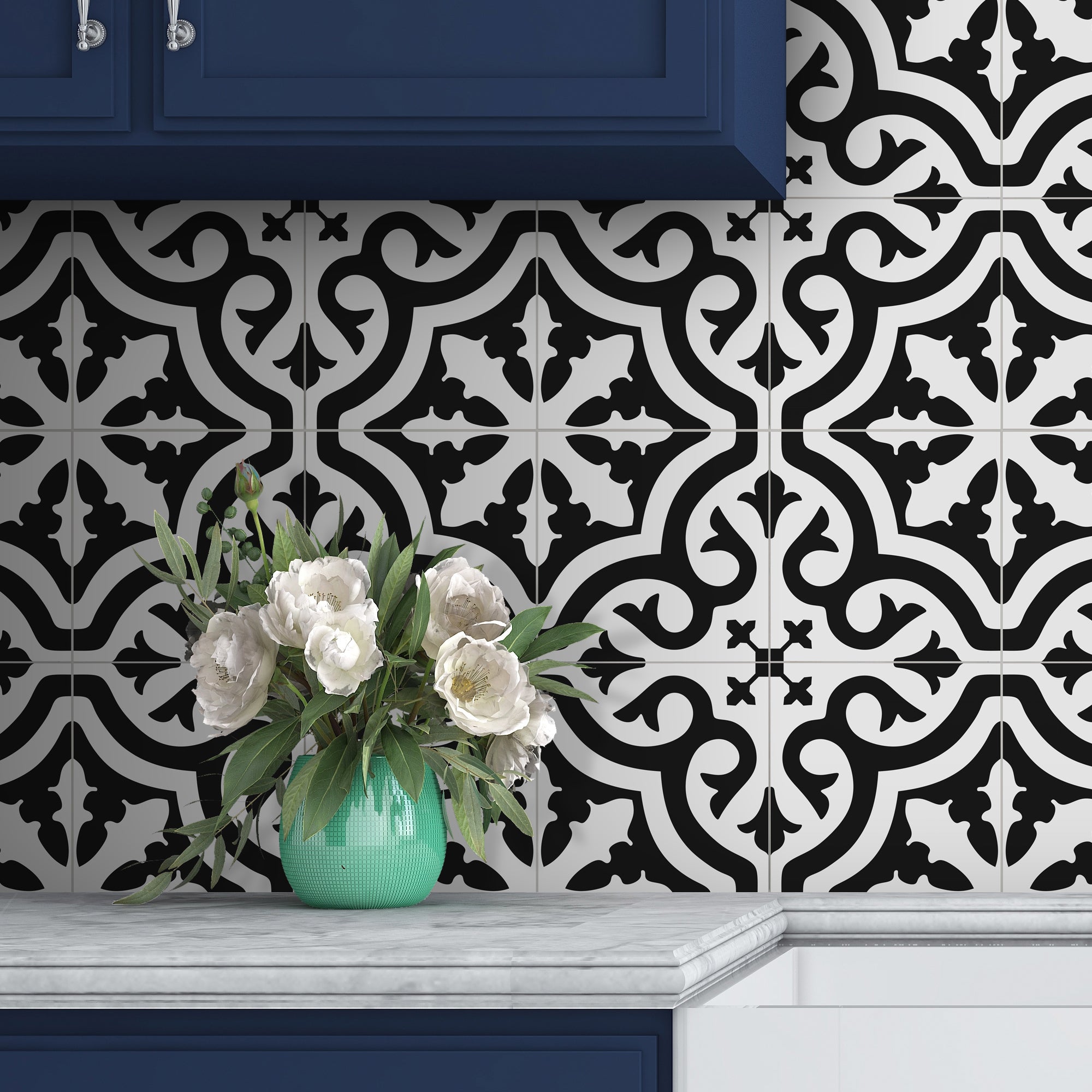 Encaustic Patterned Black and White Peel and Stick Tile