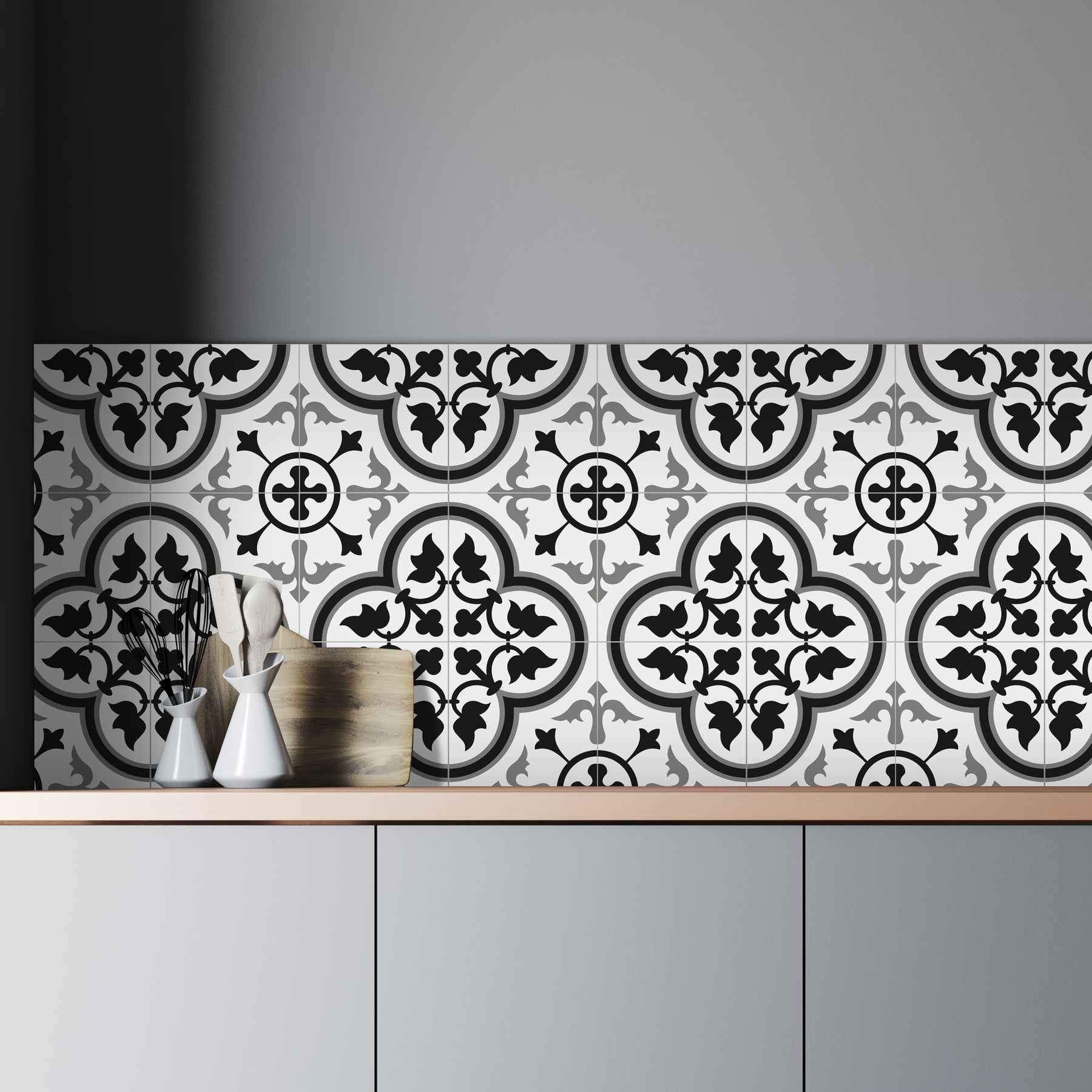 Encaustic Patterned White and Grey Peel and Stick Tile