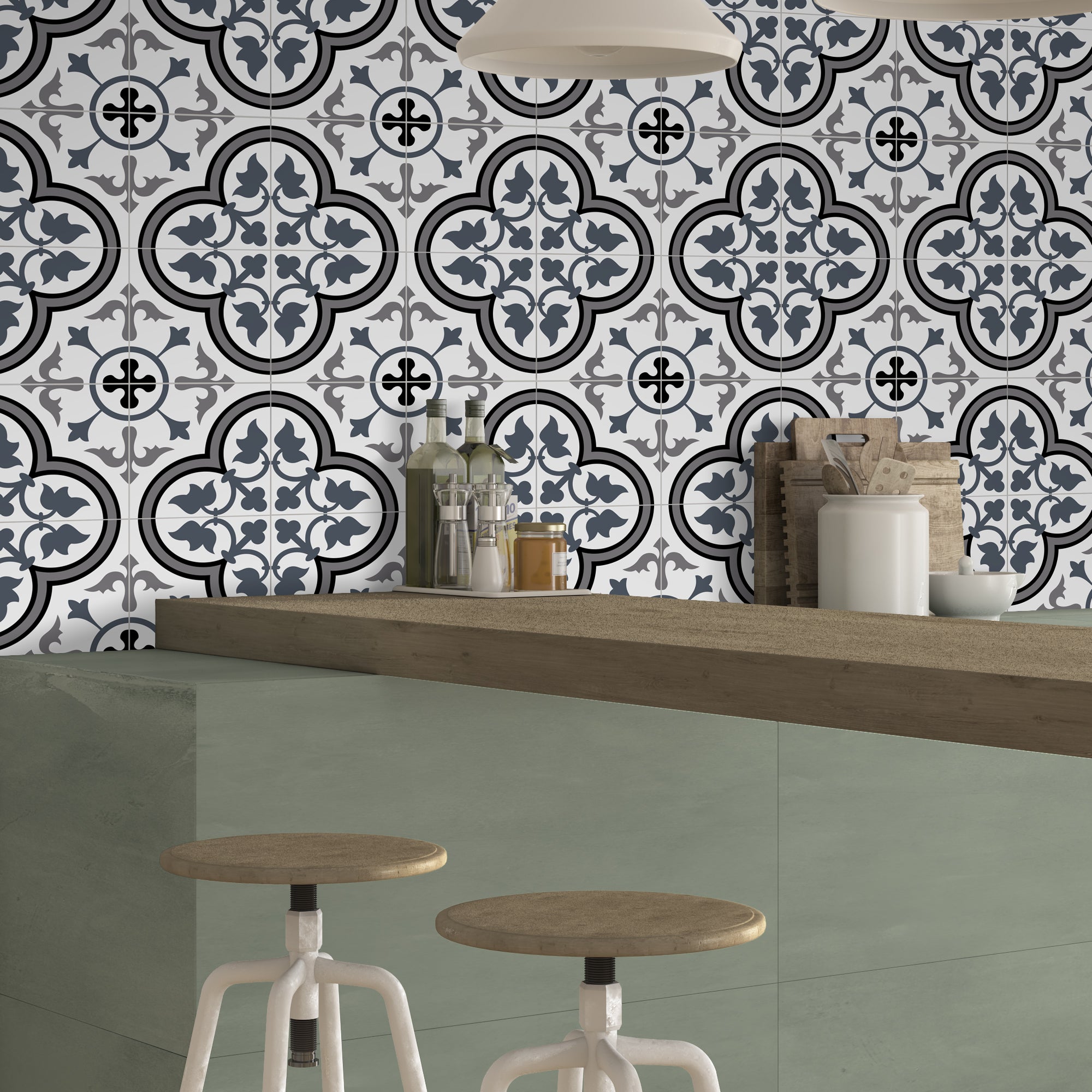 Encaustic Patterned White and Blue Peel and Stick Tile