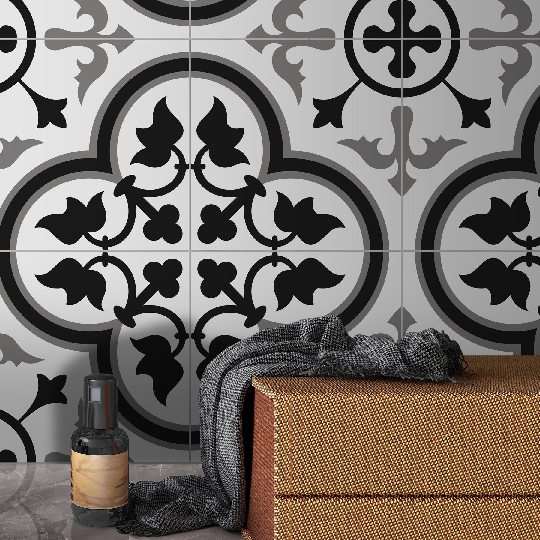 Encaustic Patterned White and Grey Peel and Stick Tile