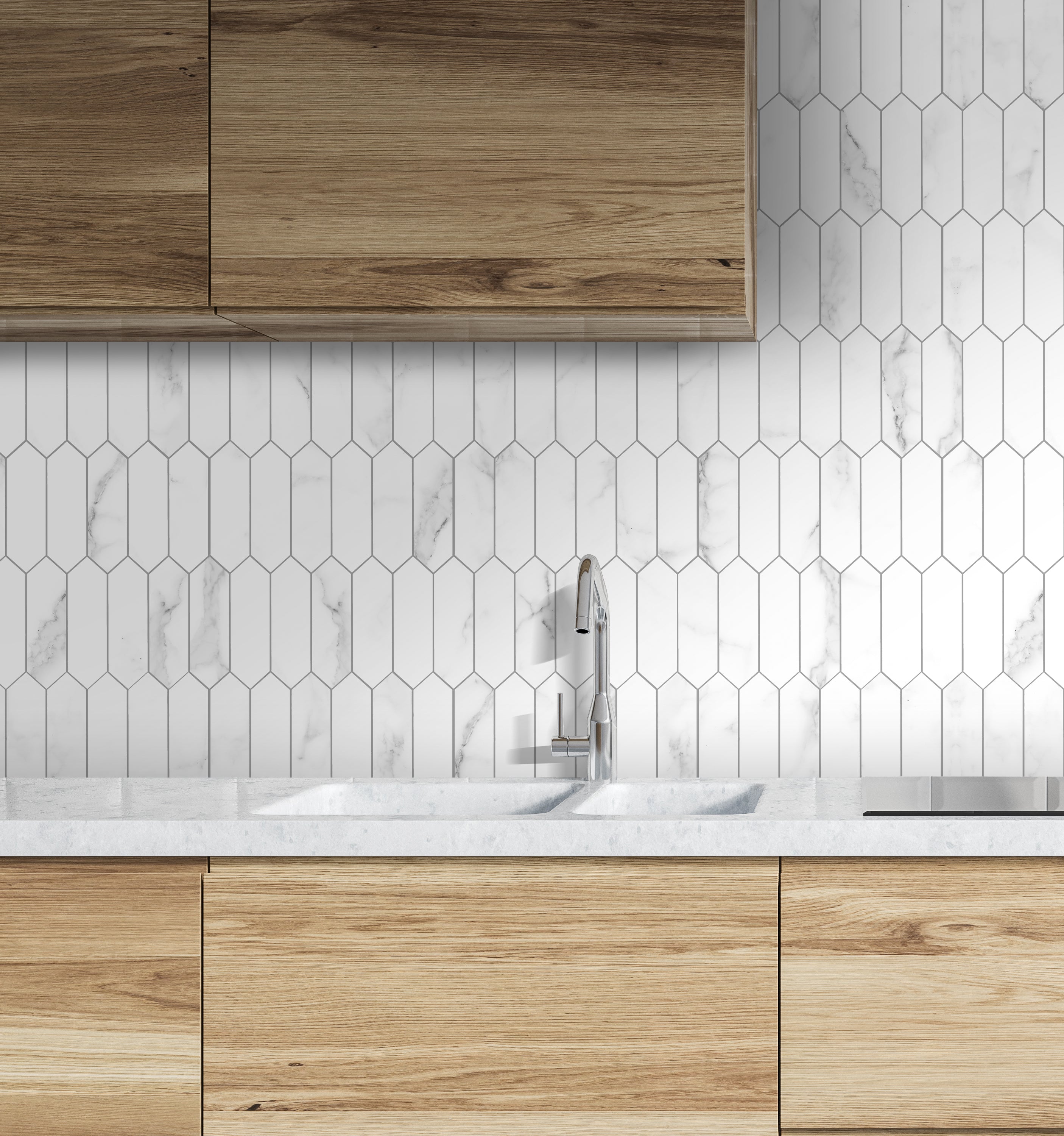 Carrara White Picket Long Hexagon Peel and Stick Tile