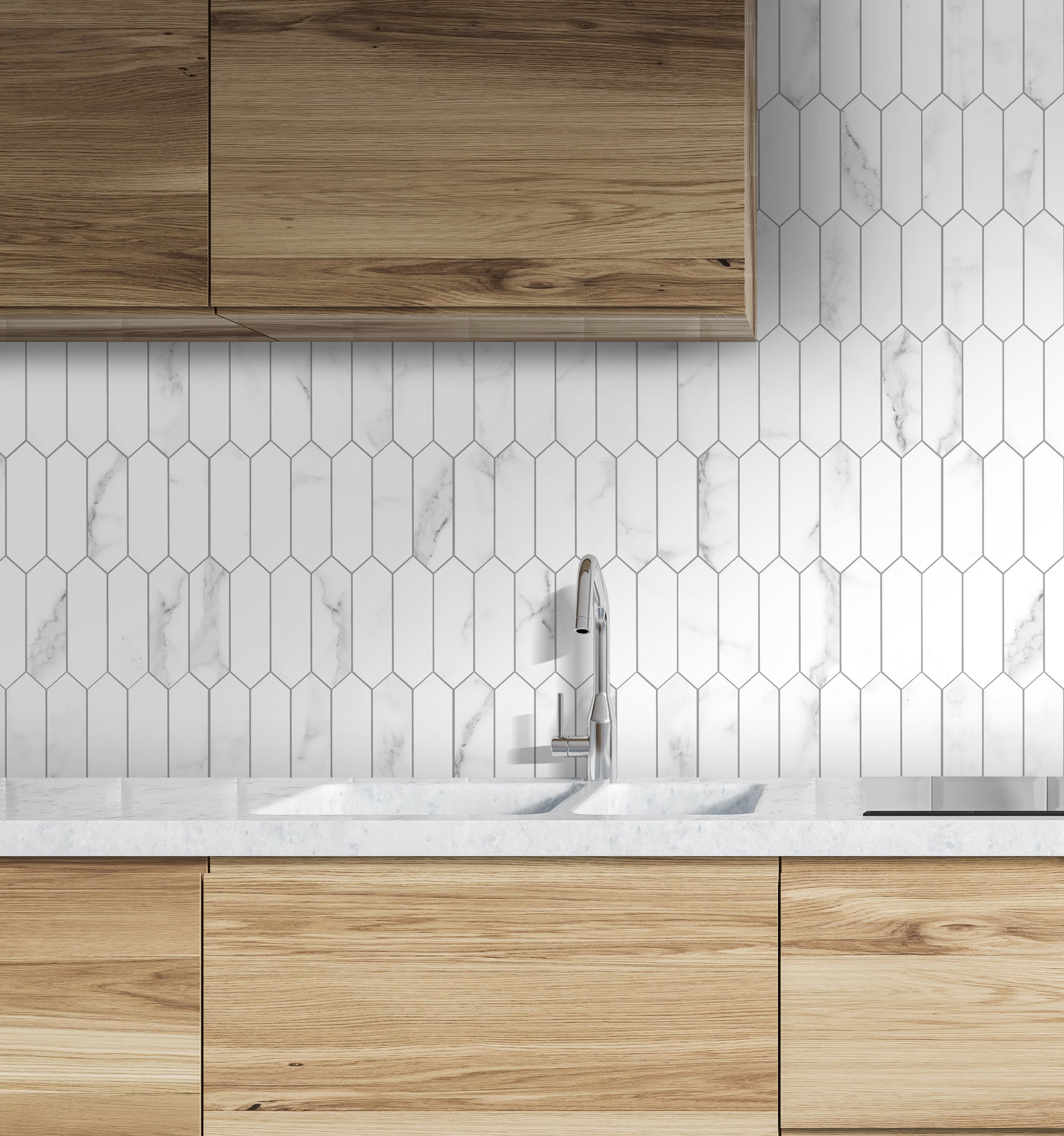 Picket Long Hexagon Carrara White Peel and Stick Tile