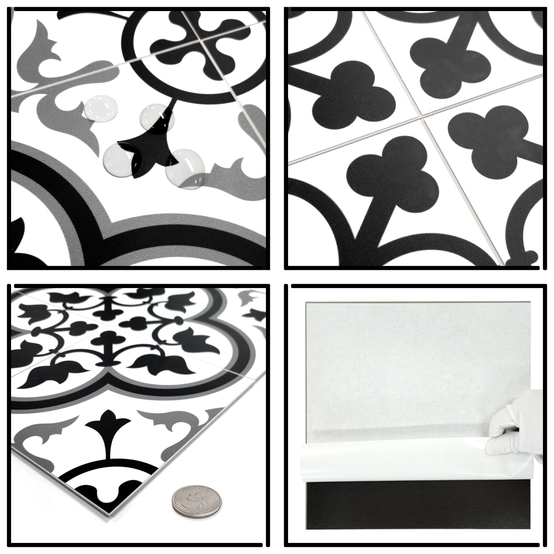 Encaustic Patterned White and Grey Peel and Stick Tile