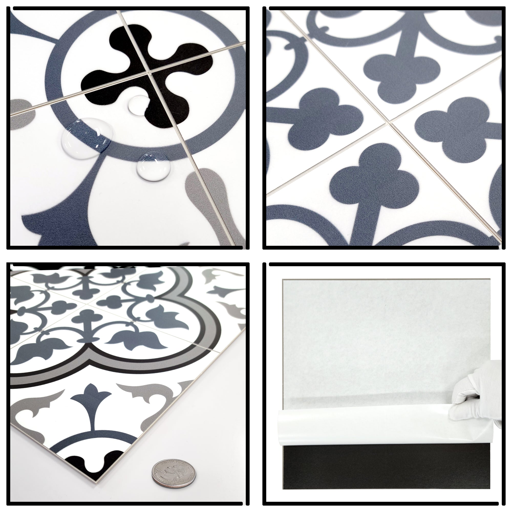 Encaustic Patterned White and Blue Peel and Stick Tile